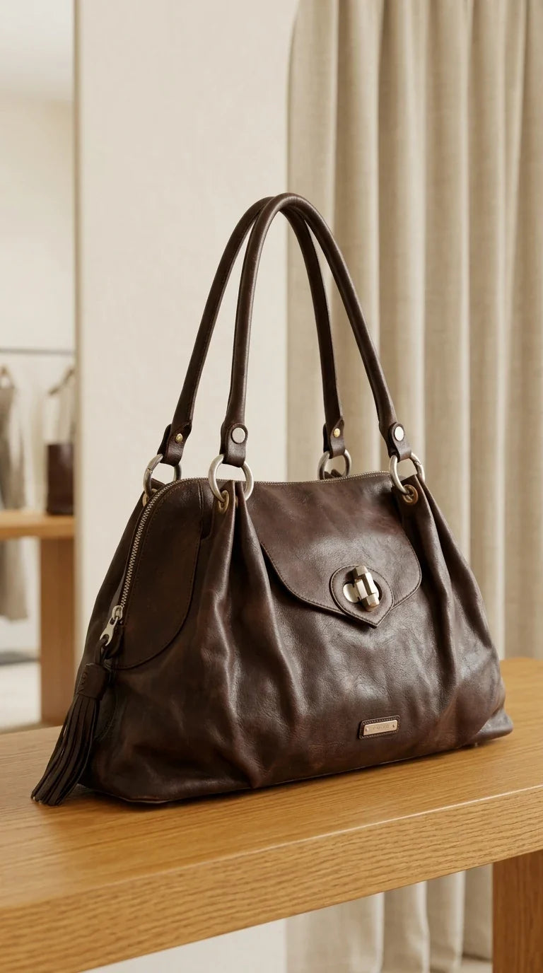 A rich brown preloved leather handbag with a turn-lock closure and tassel detail, resting on a wooden bench in a softly lit boutique.