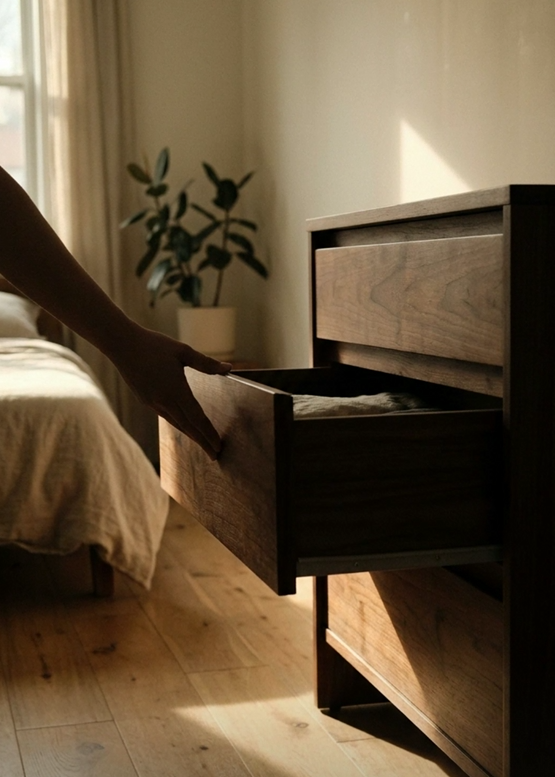 A hand quietly opening a wooden dresser drawer of neatly kept clothes in a sunlit bedroom.