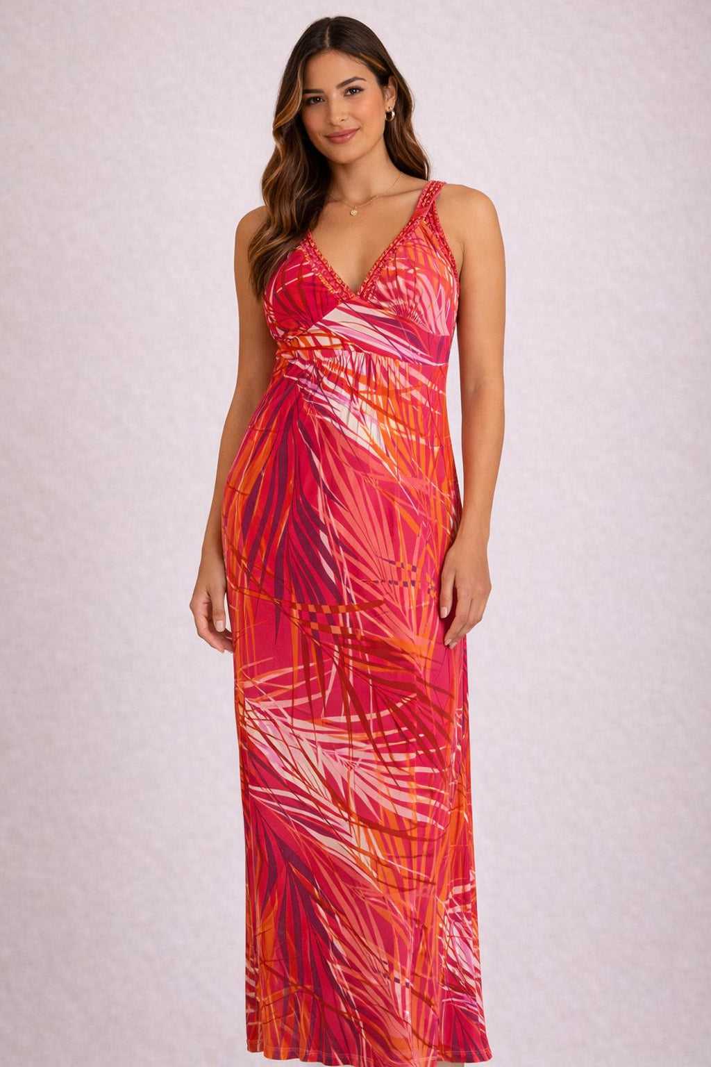 Neiman Marcus — Maxi Dress | Hot pink tropical print, empire waist · Sz M