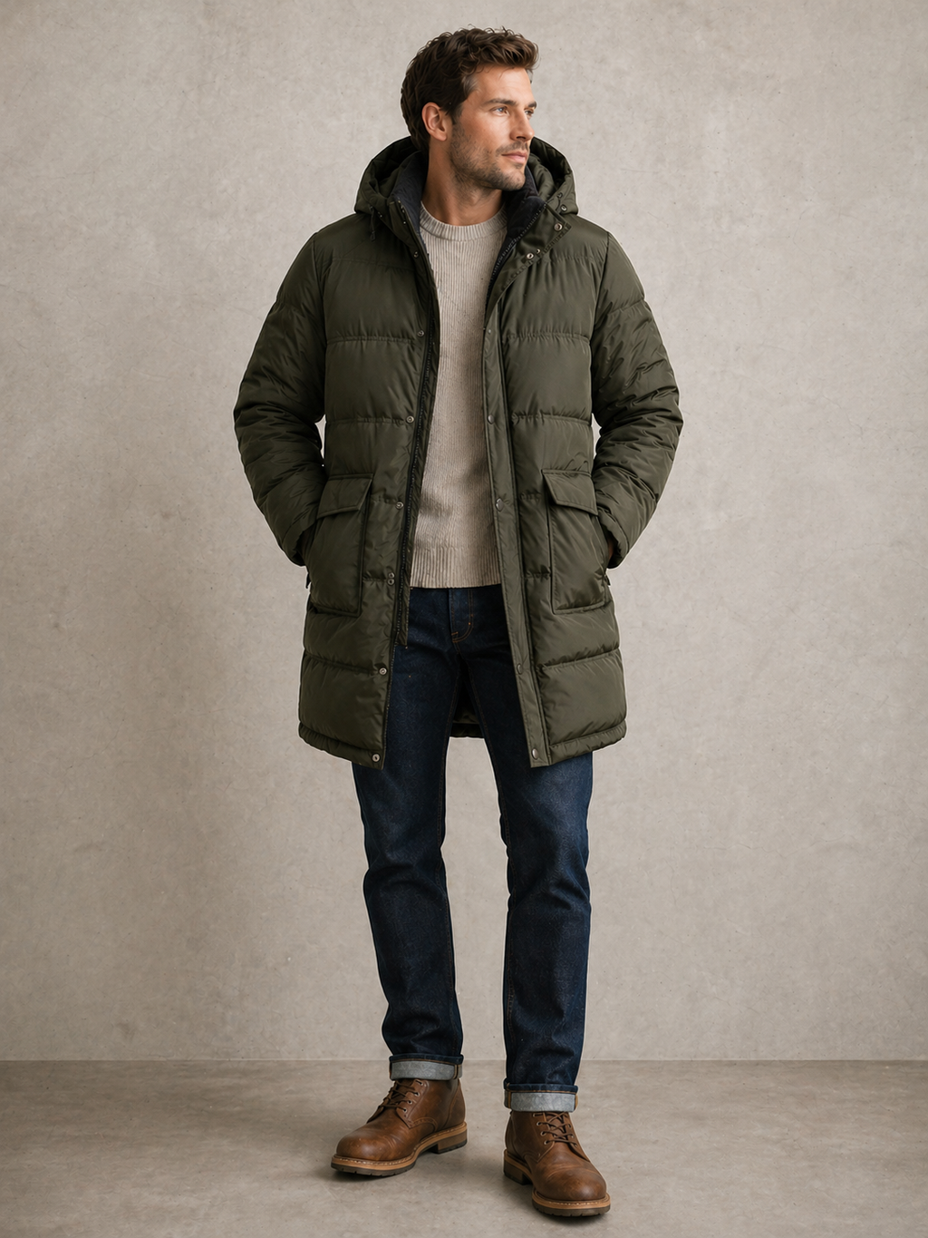 Jingpinfushi — Puffer Coat | Olive utility with a private interior world · Sz OS