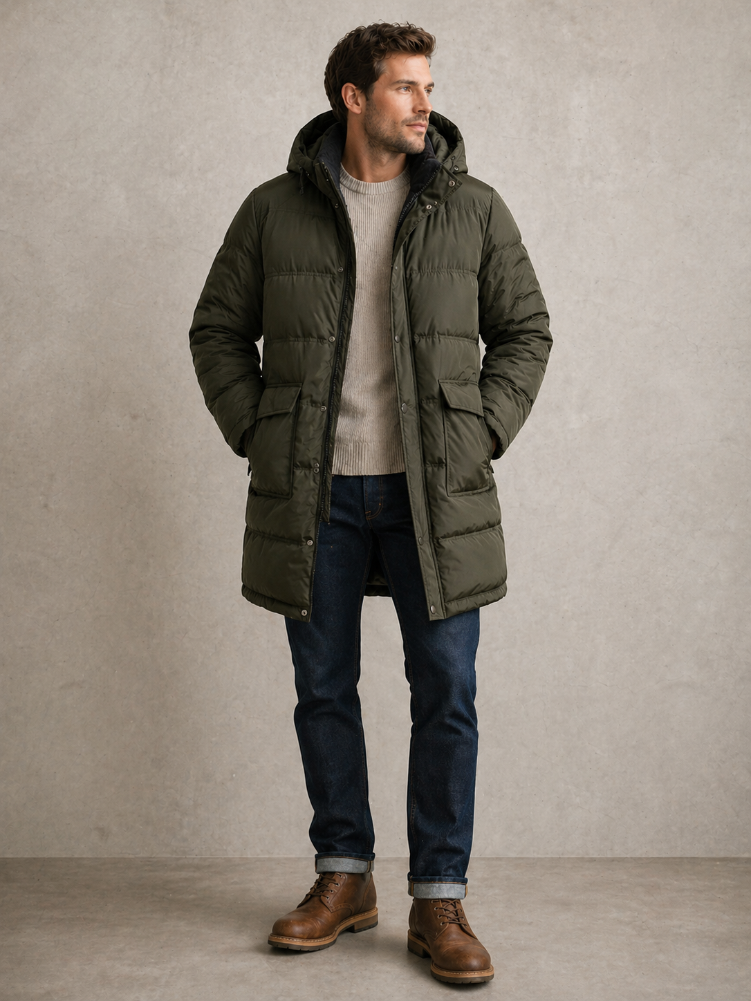 Jingpinfushi — Puffer Coat | Olive utility with a private interior world · Sz OS