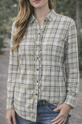 Eddie Bauer — Blouse | Cream plaid, ruffled lace, roll-tab sleeves · Sz L