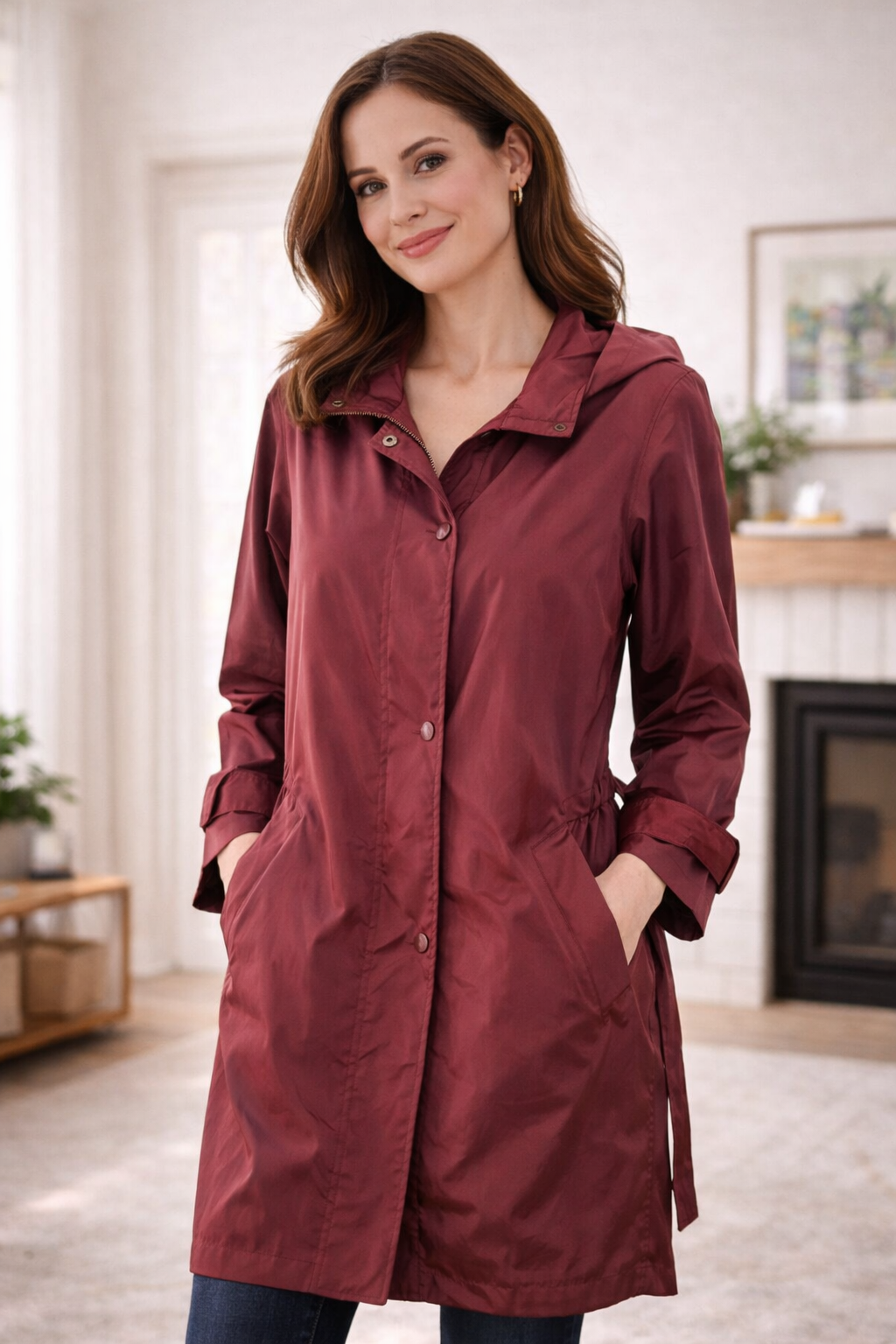 FS Rainwear — Hooded Long Coat | Burgundy fleece-lined nylon, late 90s vintage · Sz L