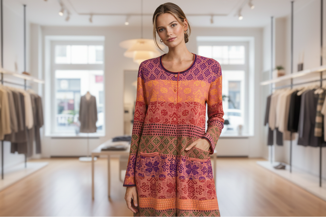 Gudrun Sjödén Multicolor Knit Cardigan Dress Geometric Floral Size L