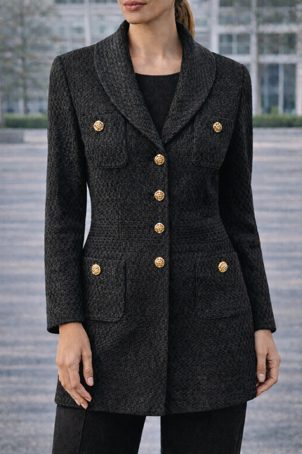 St. John Black Knit Blazer Jacket Gold Button Detail Size 14