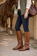 Etienne Aigner — Tall Riding Boots | Cognac leather, gold stirrup hardware · Sz 9