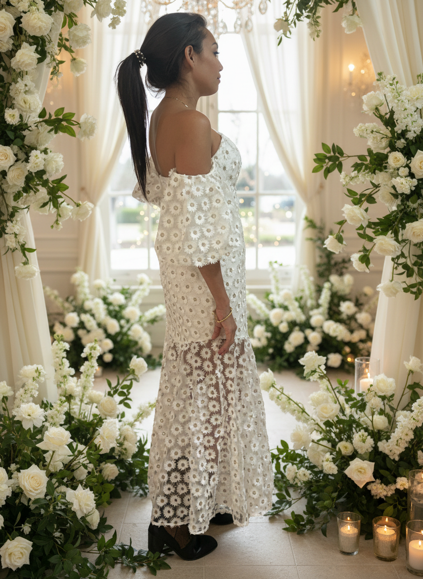 ASOS EDITION Ivory Embroidered Daisy Midi Dress UK 8 / US 4 – NWT Puff Sleeve