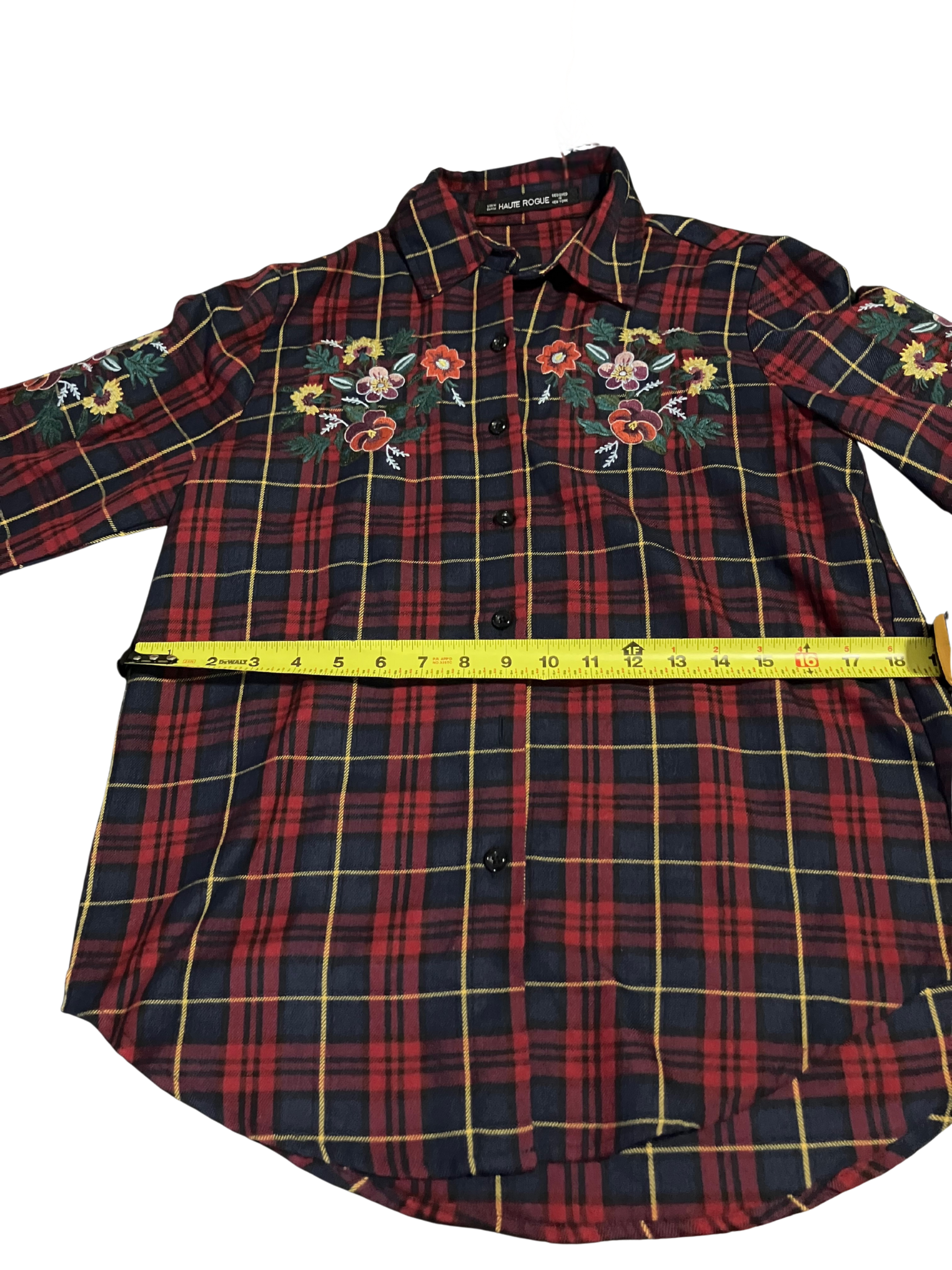 Haute Rogue Embroidered Floral Plaid Button-Up Shirt Size M