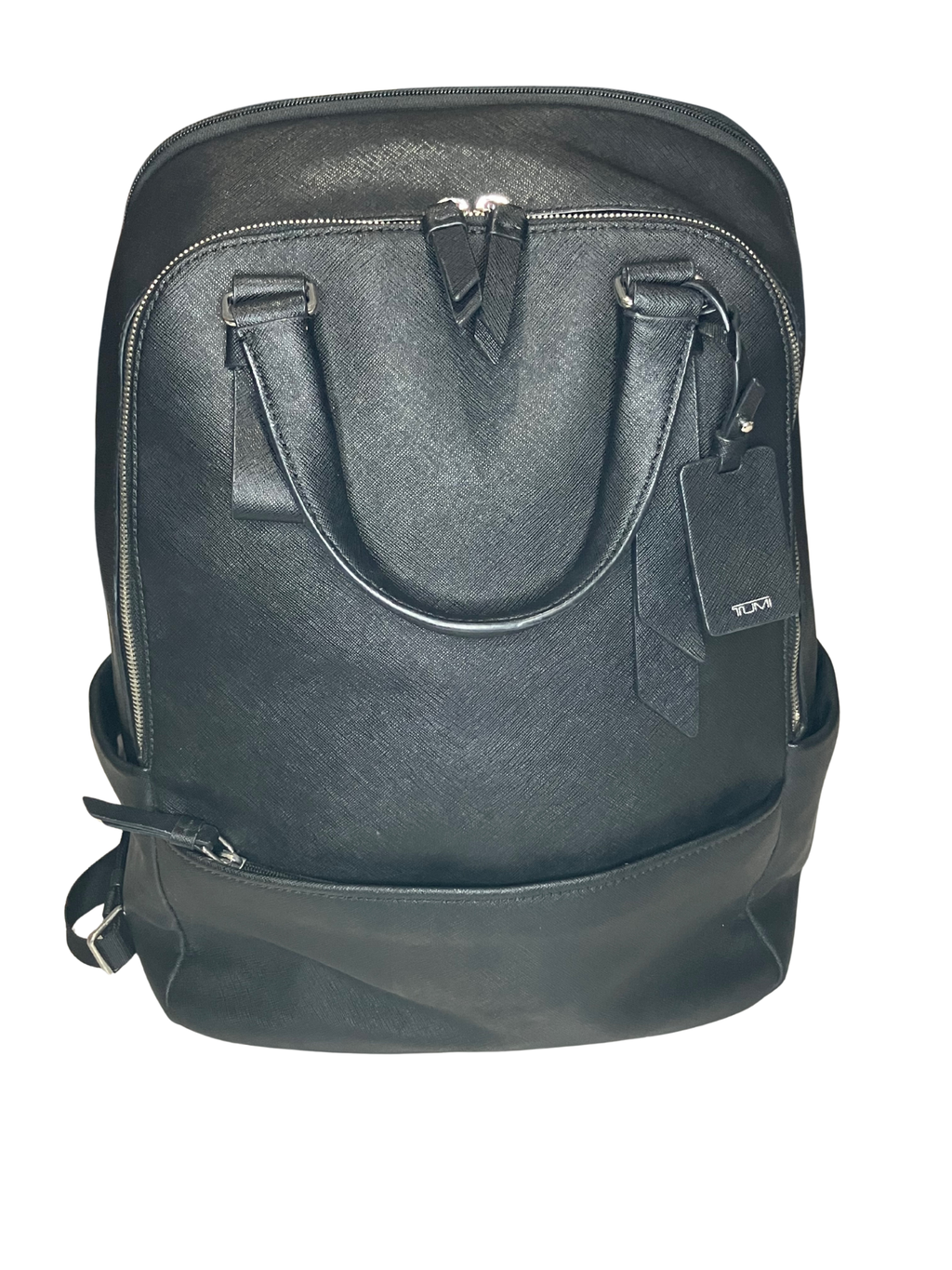 TUMI VAREK Black Leather Backpack - Premium Saffiano Convertible Travel Bag
