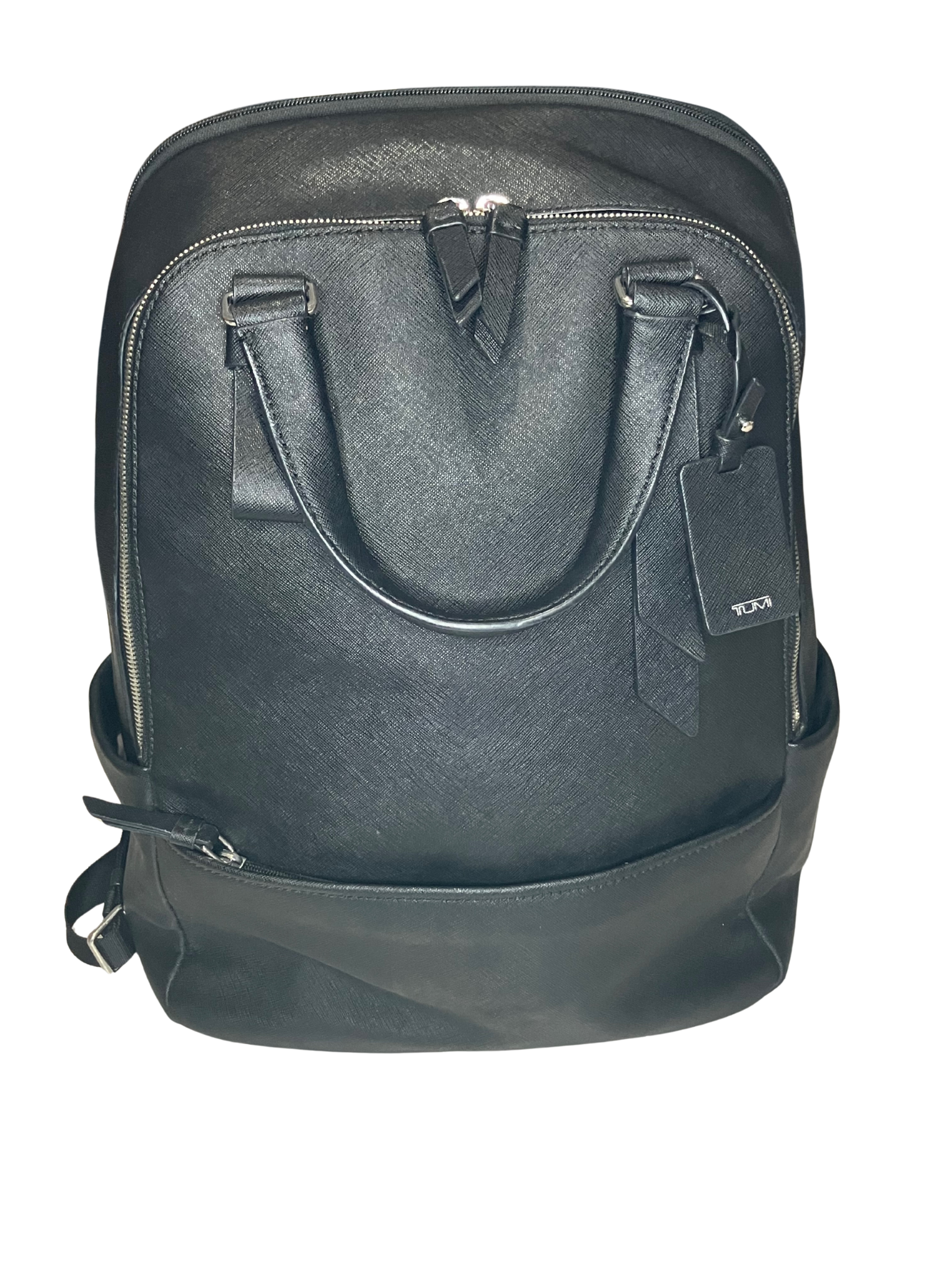 TUMI VAREK Black Leather Backpack - Premium Saffiano Convertible Travel Bag
