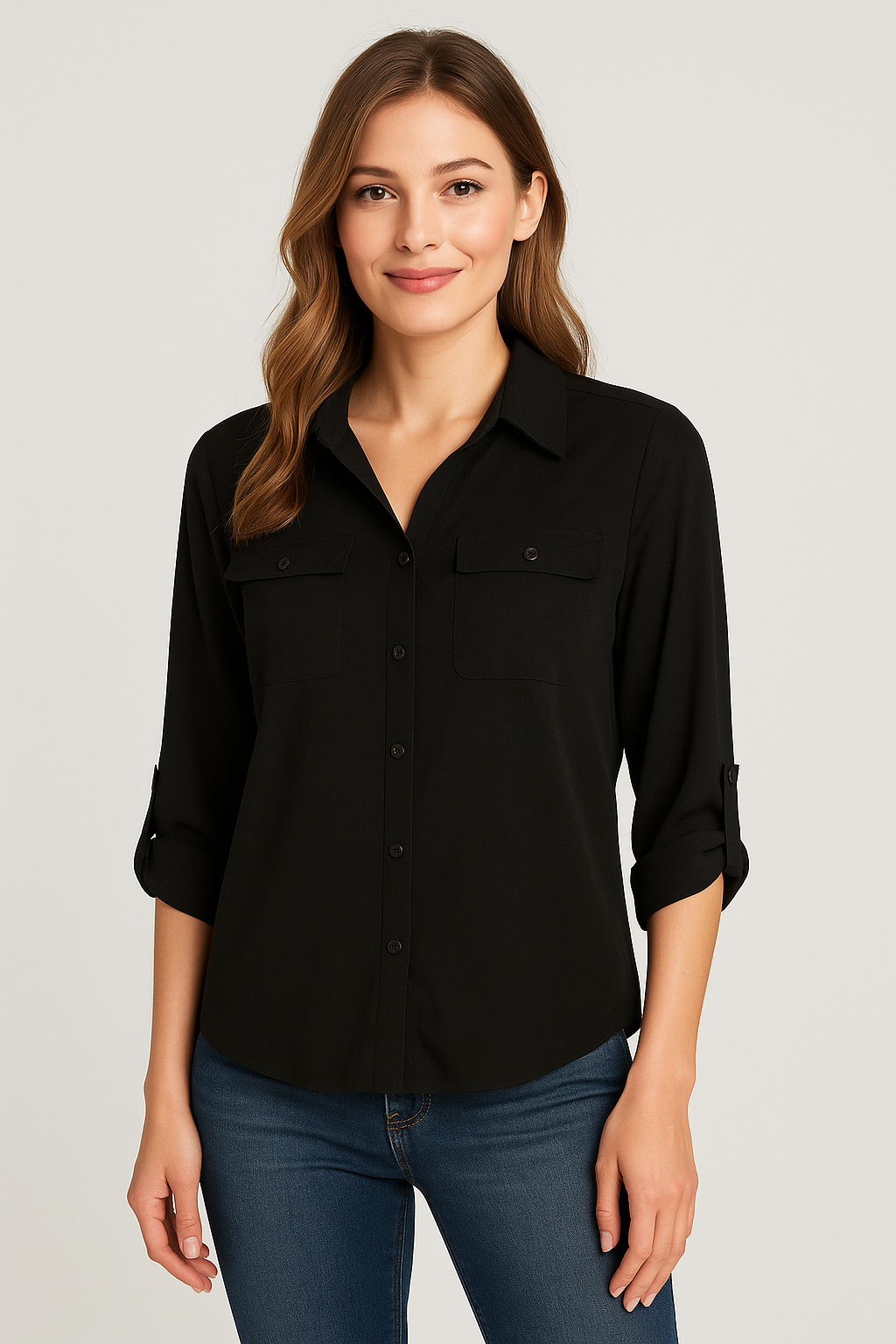 Dressbarn Black Button Down Blouse Women’s Size M Roll Tab Sleeves