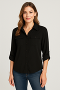 Dressbarn Black Button Down Blouse Women’s Size M Roll Tab Sleeves