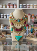 Boho Tribal Statement Necklace Turquoise Coral Multi-Layer Gold Bib
