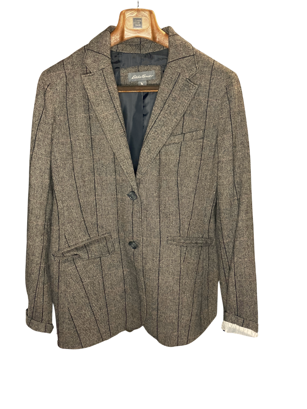 Eddie Bauer Women's Wool Blazer Herringbone Pinstripe Brown 16