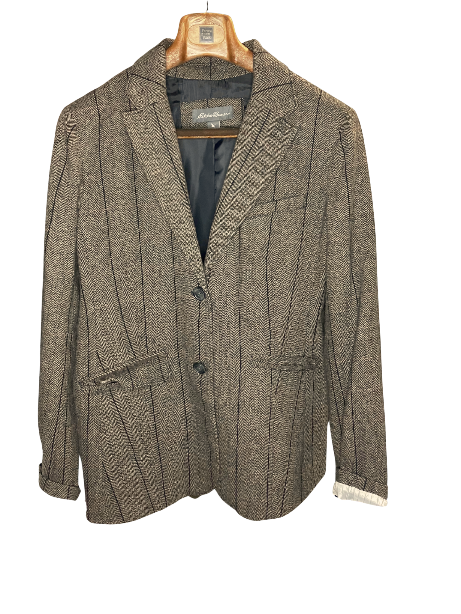 Eddie Bauer Women's Wool Blazer Herringbone Pinstripe Brown 16