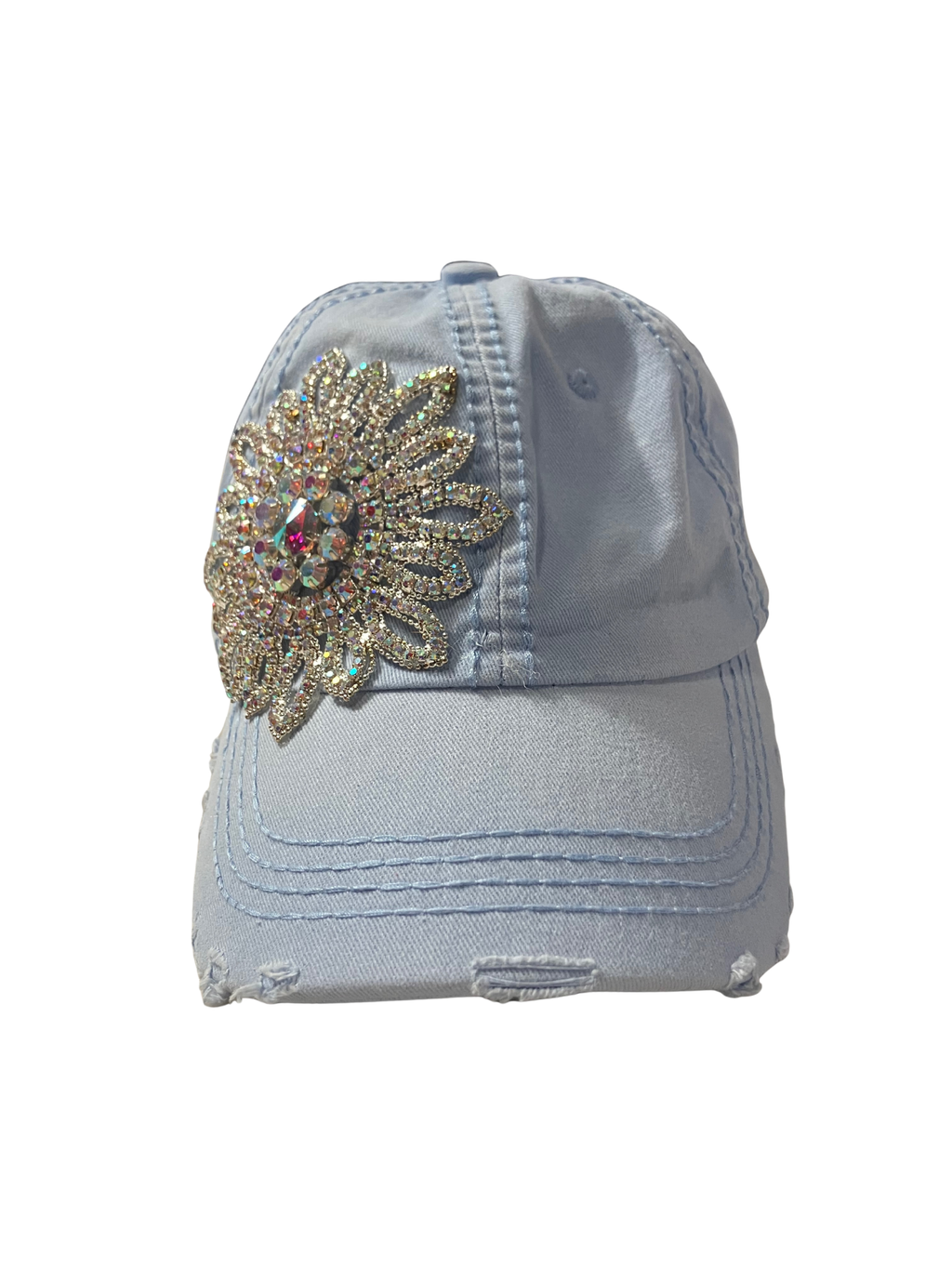 Olive & Pique Light Blue Rhinestone Floral Baseball Cap