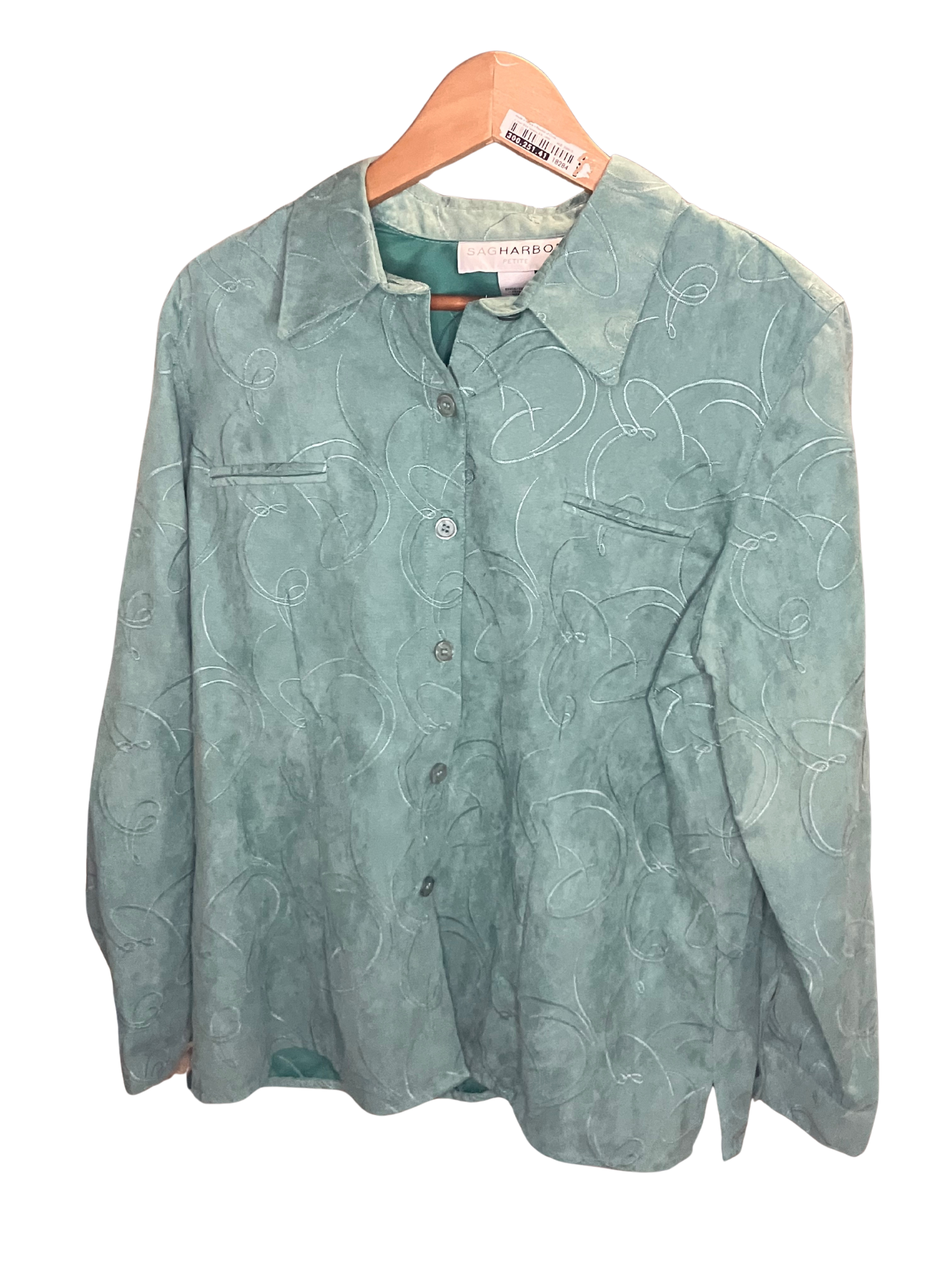 Sag Harbor Petite Emerald Green Embroidered Suede-Finish Blouse Size P/M