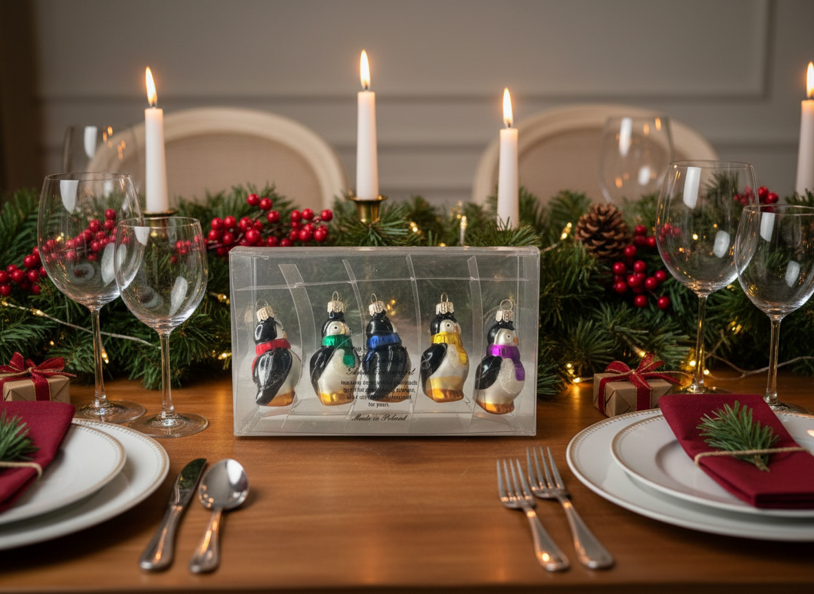 Hand Painted Polish Glass Penguin Ornaments Set of 5 Colorful Scarves Vintage