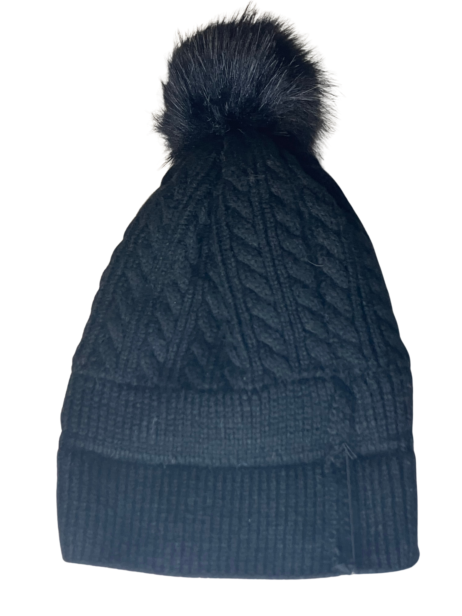 Alepo Black Knit Beanie Hat w Faux Fur Pom Pom
