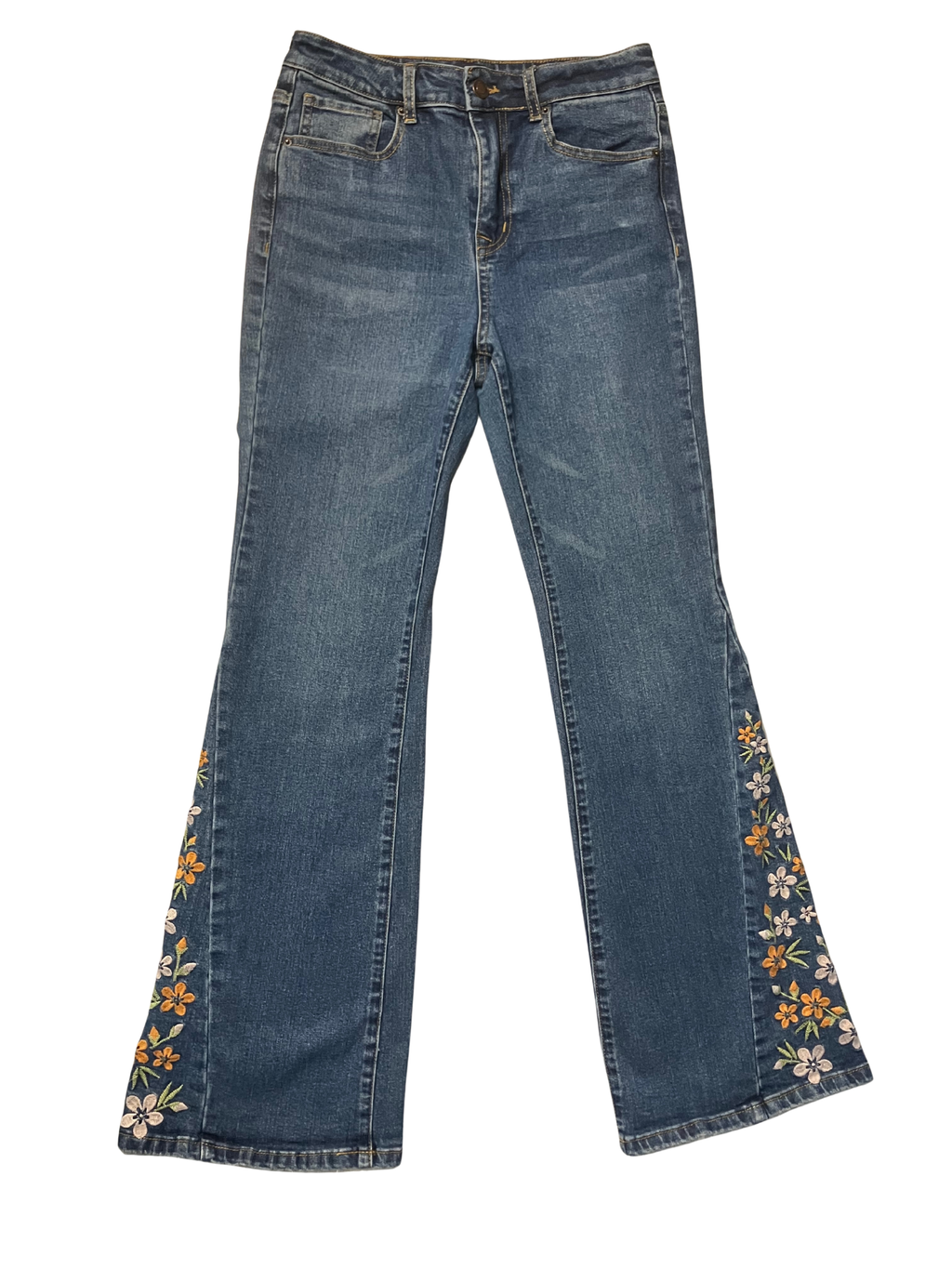 Angel Kiss Floral Embroidered Flare Jeans Mid-Rise Stretch Denim