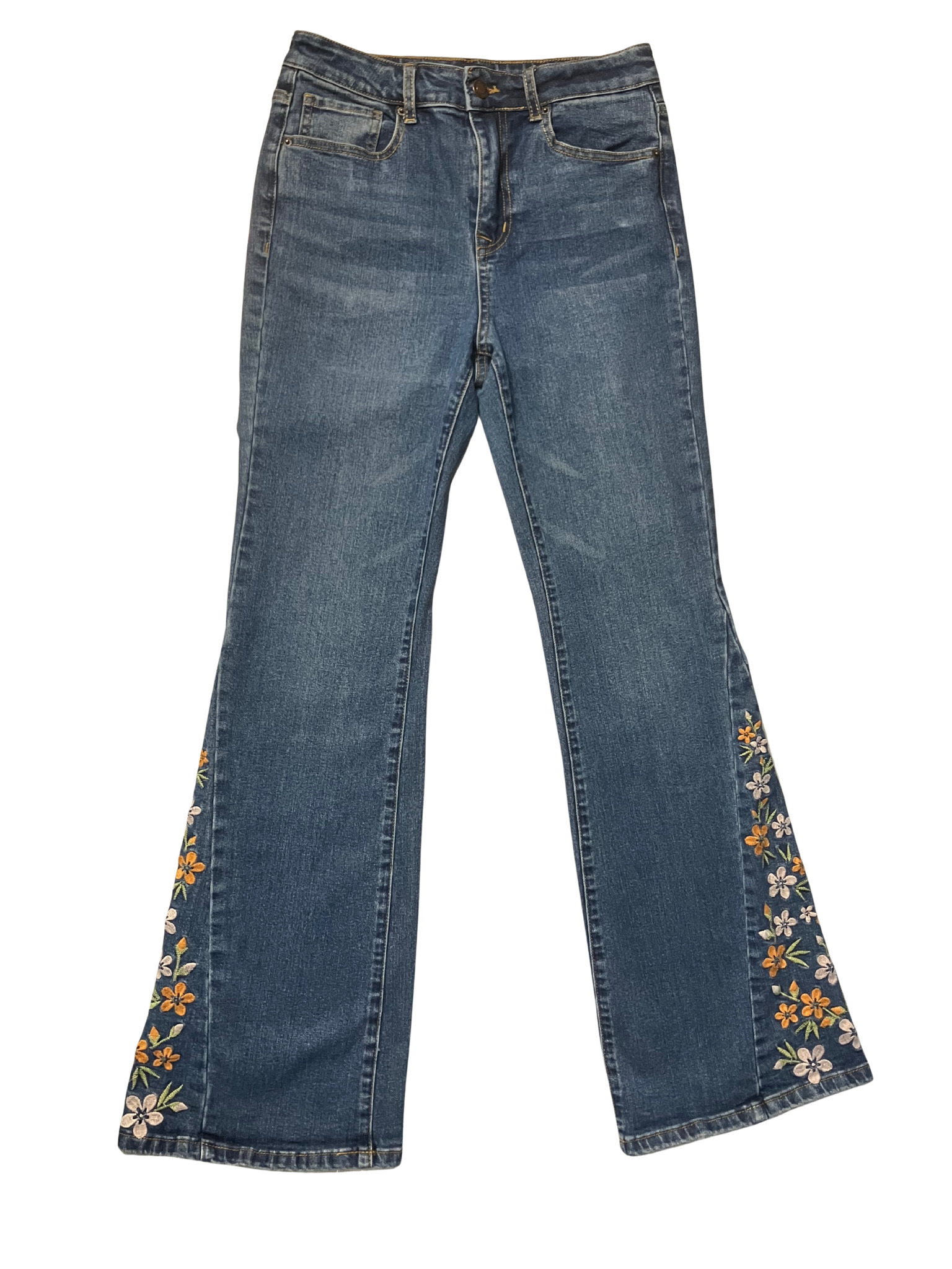 Angel Kiss Floral Embroidered Flare Jeans Mid-Rise Stretch Denim
