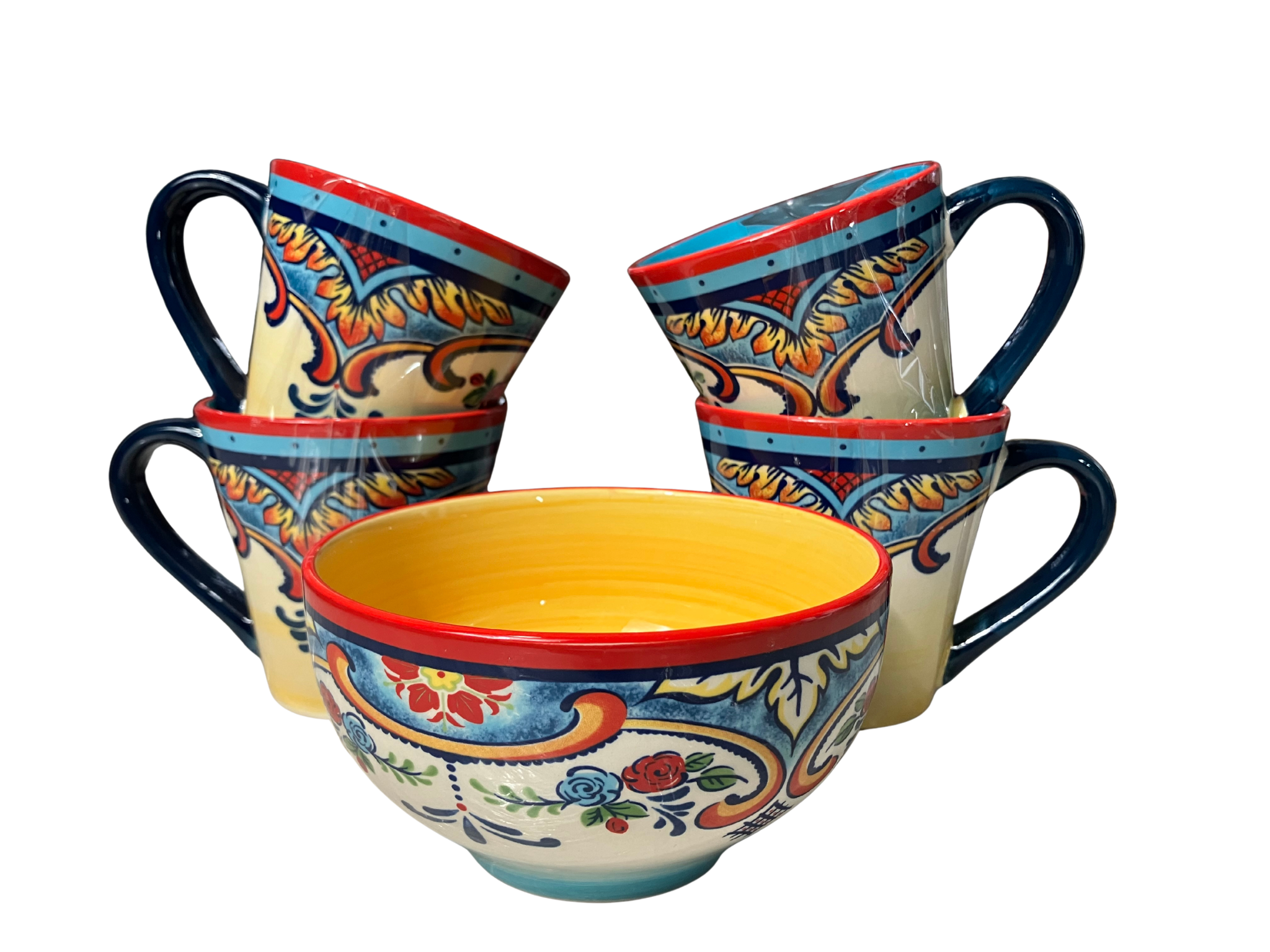 Euro Ceramica Hand-Painted Floral Mug & Bowl Set - 4 Mugs + 1 Bowl