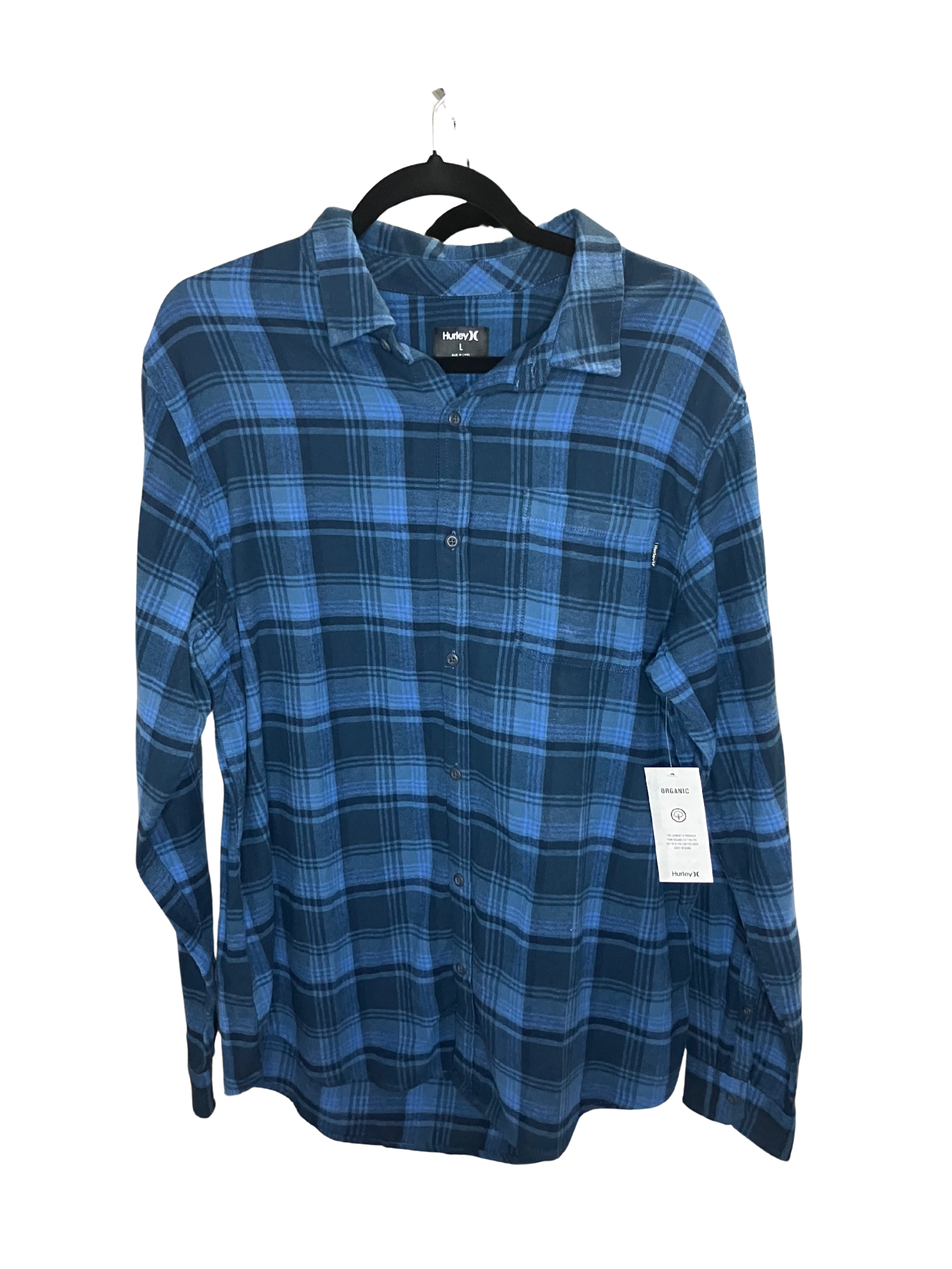Hurley Men's Organic Cotton Flannel Shirt Blue Plaid Button Up L NWT