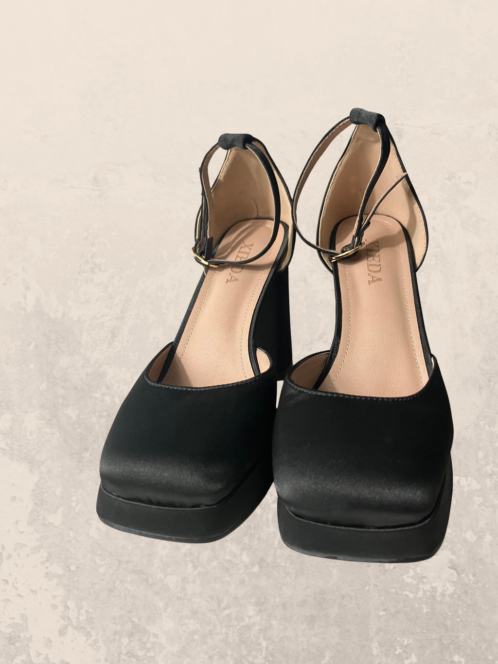 Xieda — Platform Block Heel | Black satin, ankle strap, gold buckle · Sz 6