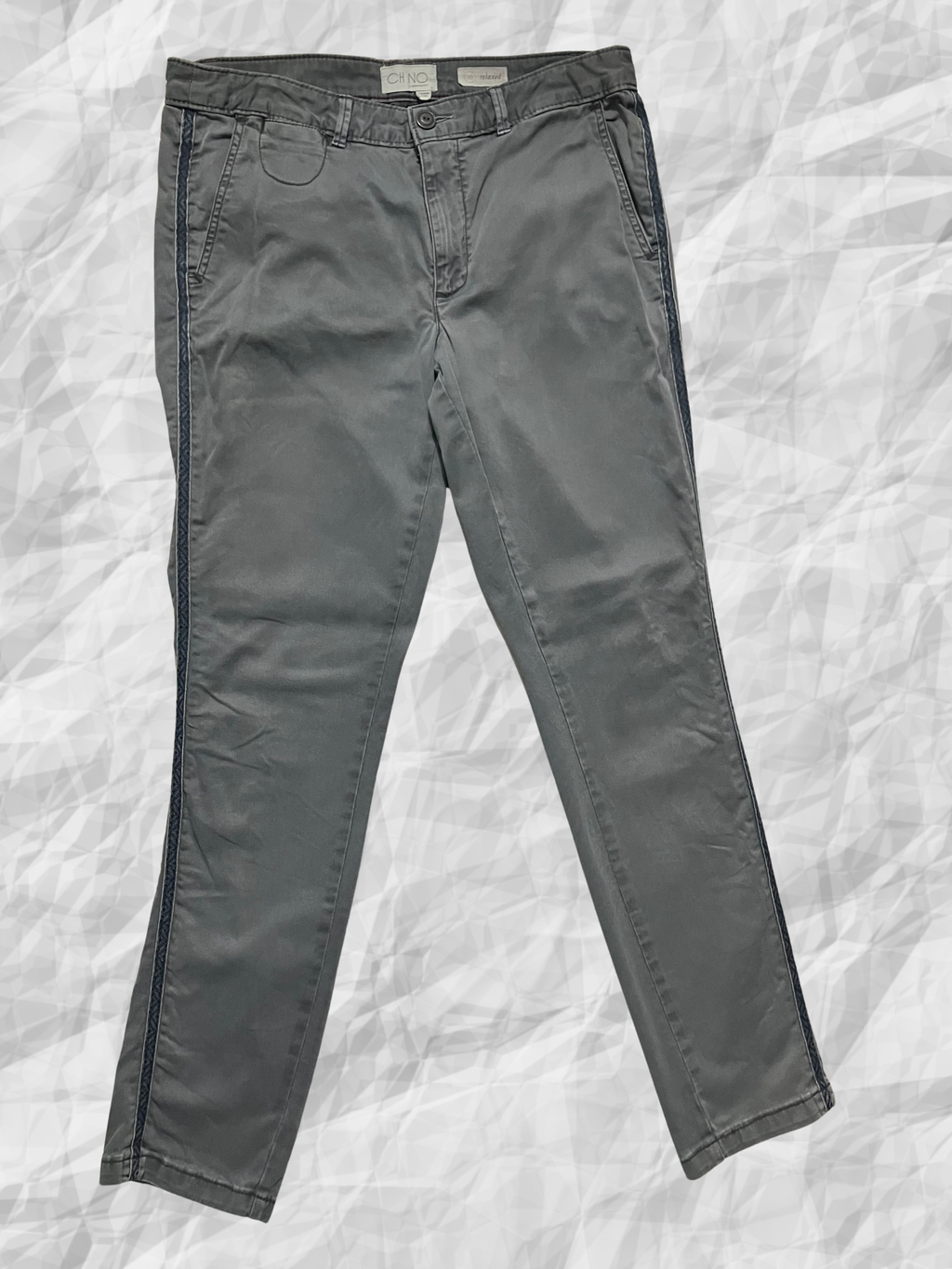 Chino by Anthropologie — Tailored Pants | Slate gray cotton with navy side stripe · Sz 30