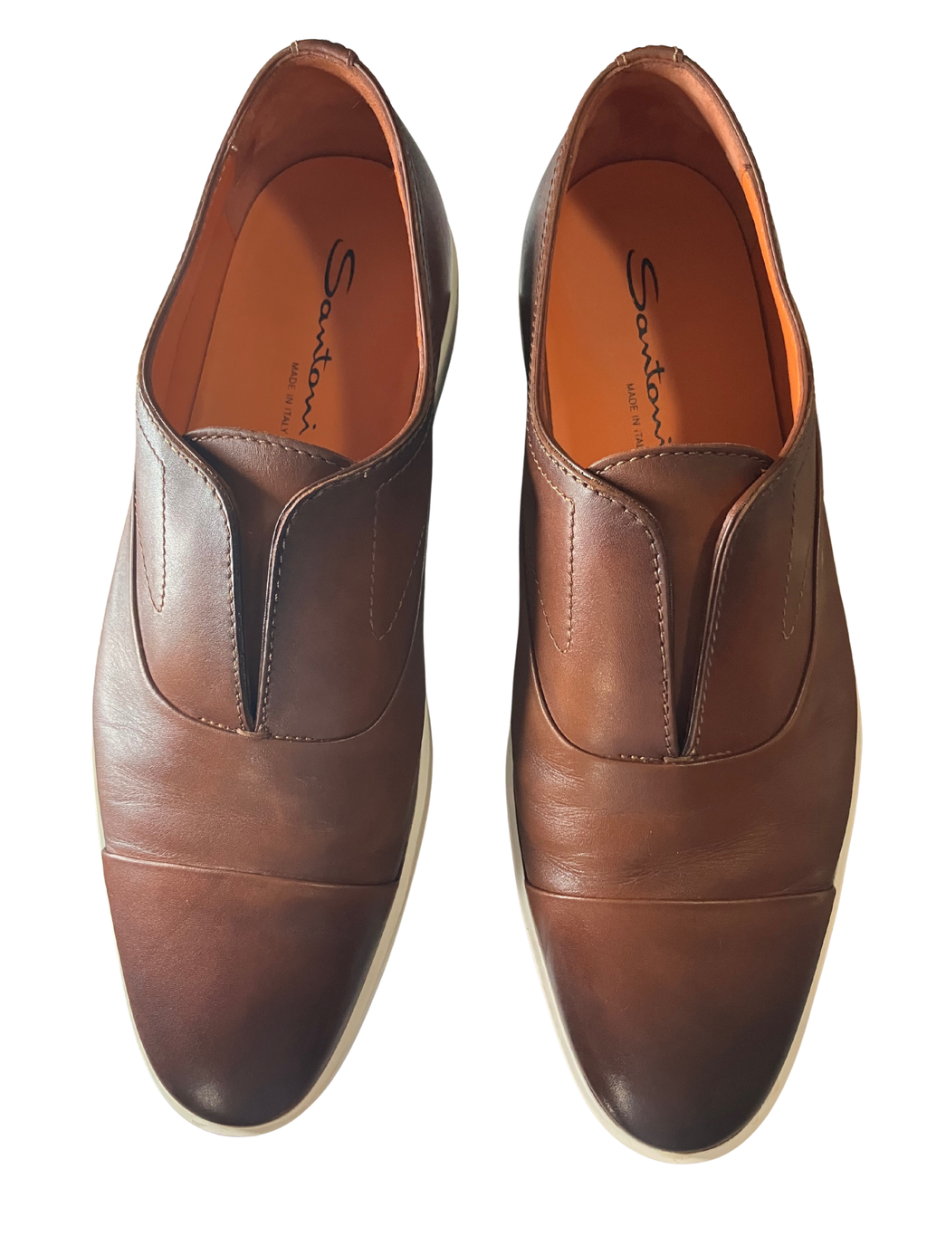 Santoni Made in Italy Brown Patina Leather Slip-On Cupsole Sneakers