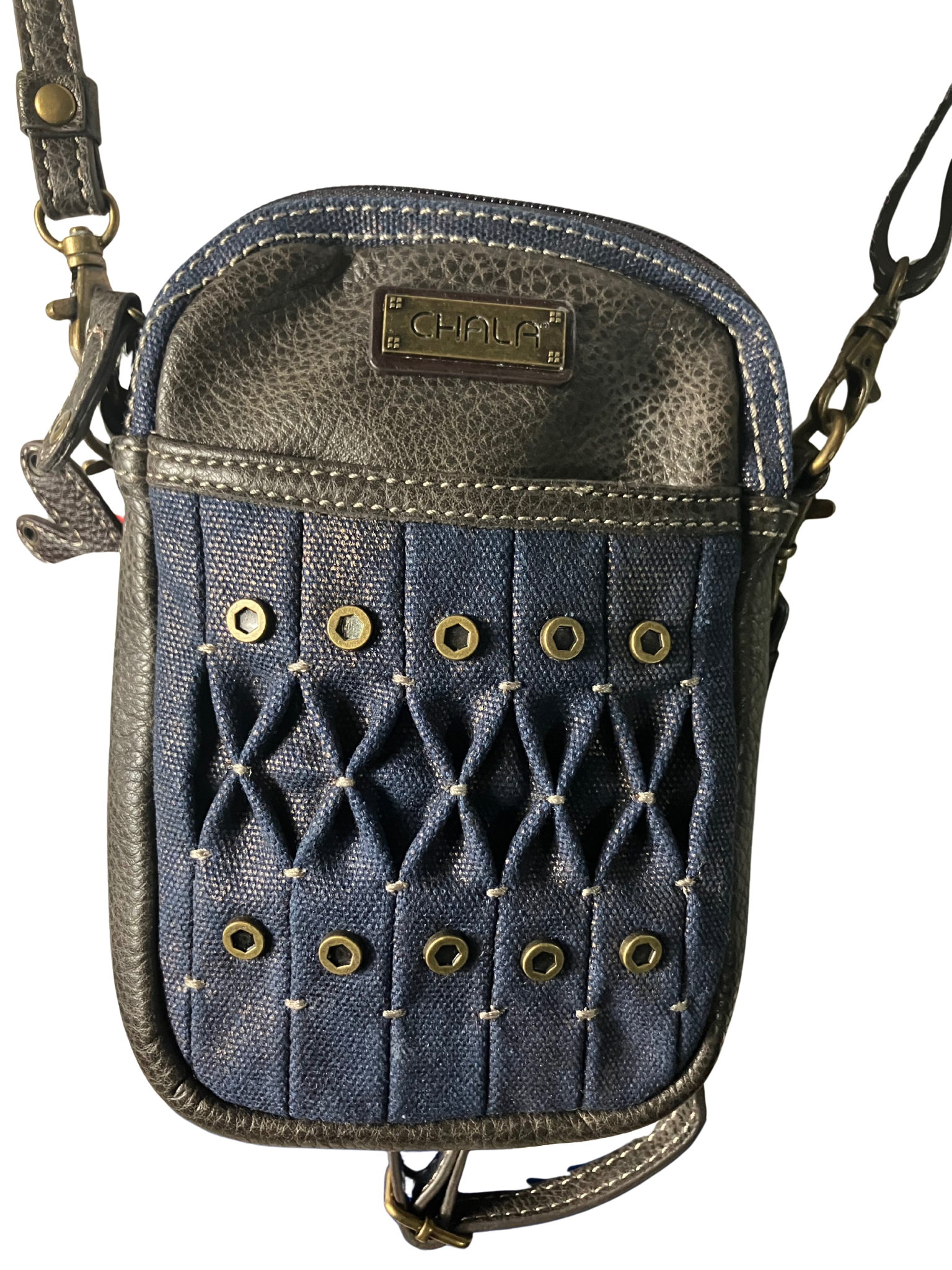 Chala Blue Canvas Convertible Mini Crossbody Bag - Dragonfly Charm
