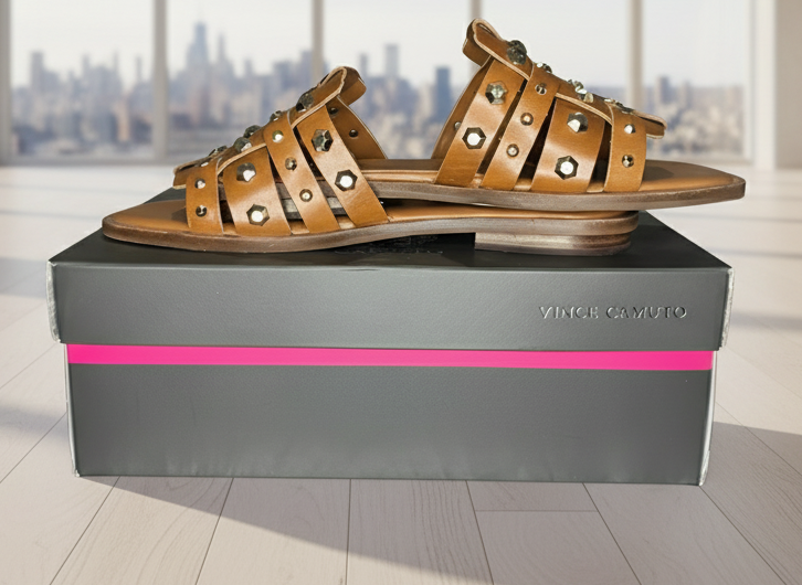 Vince Camuto Neverna Studded Slide Sandals – Cognac Leather Woven Straps