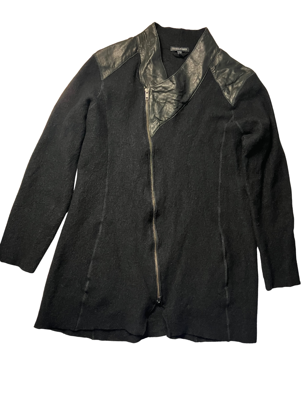 Eileen Fisher Green Eileen Merino Wool Jacket Leather Trim Size XL