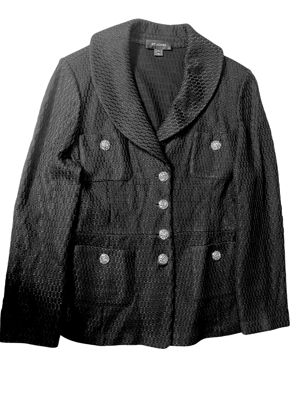 St. John Black Knit Blazer Jacket Gold Button Detail Size 14