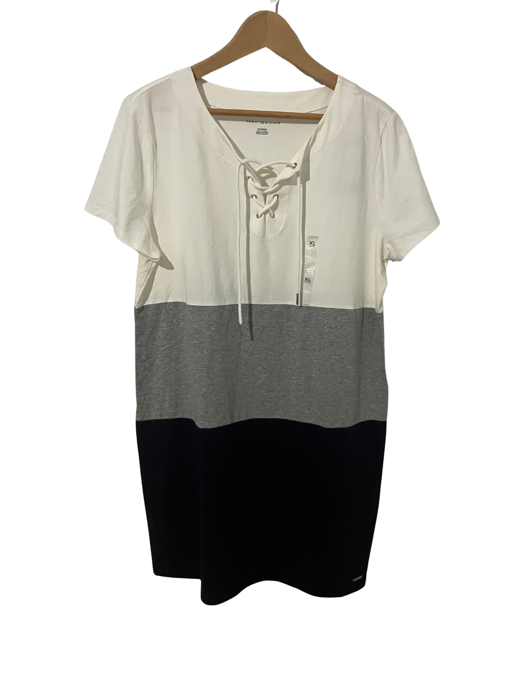 Tommy Hilfiger — Tunic Dress | Cotton colorblock with lace-up neckline · Sz XL