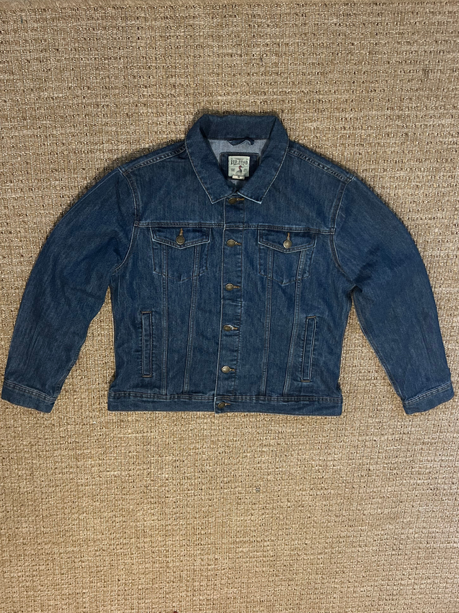 Red Head — Trucker Jacket | Dark indigo, antique brass, built to outlast · Sz L