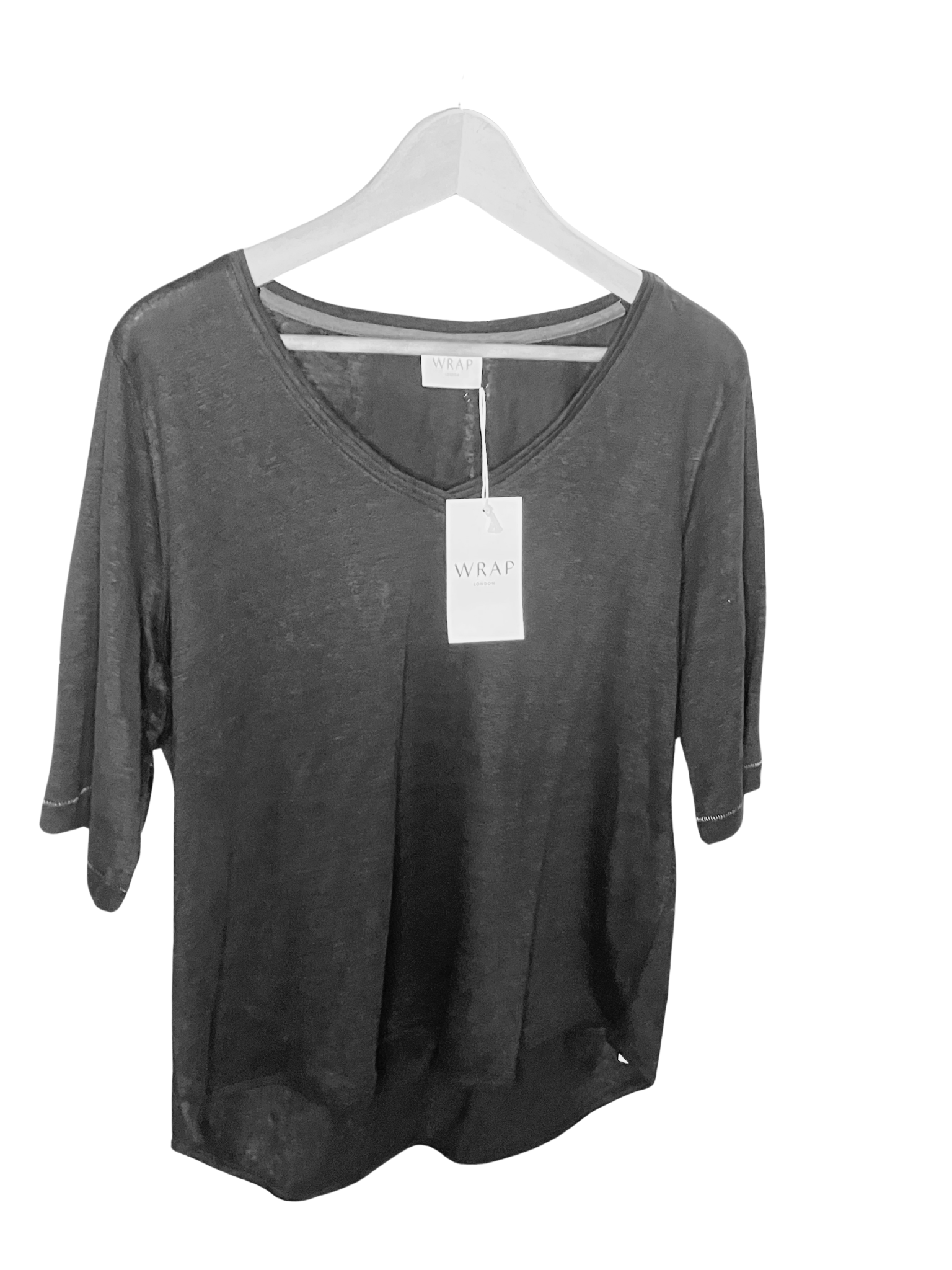 WRAP London Linen Top L Black Breathable V-Neck Short Sleeve NWT