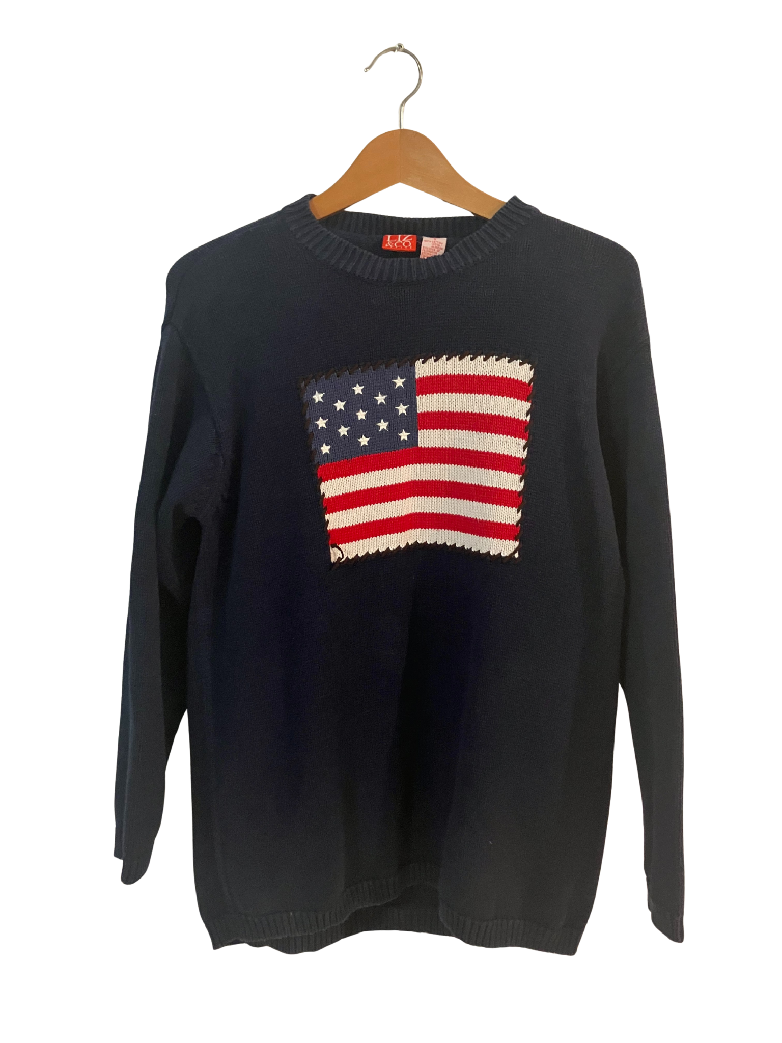 Liz Claiborne Liz&Co Petite Navy Cotton Flag Sweater Size Small
