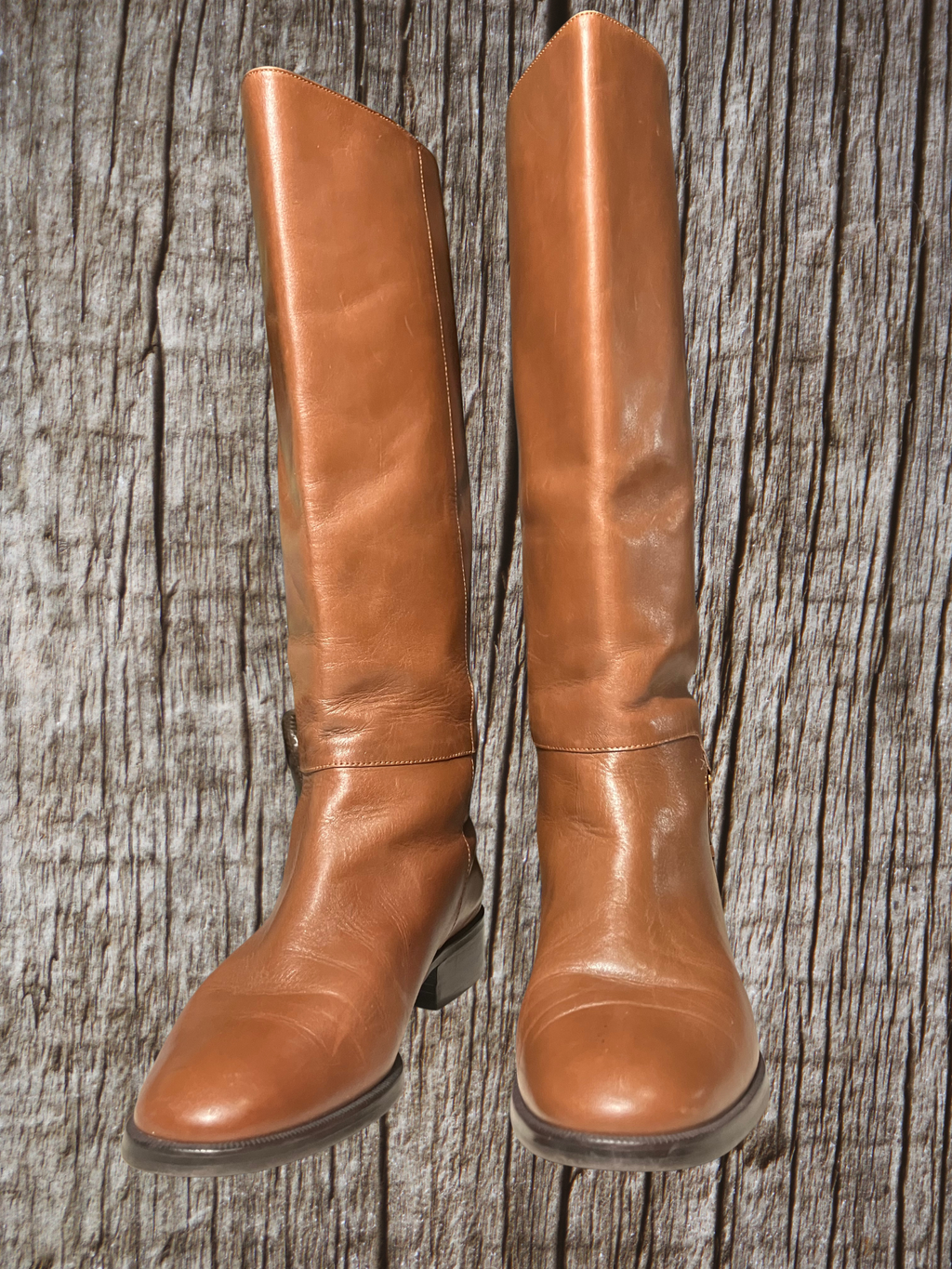 Etienne Aigner — Tall Riding Boots | Cognac leather, gold stirrup hardware · Sz 9