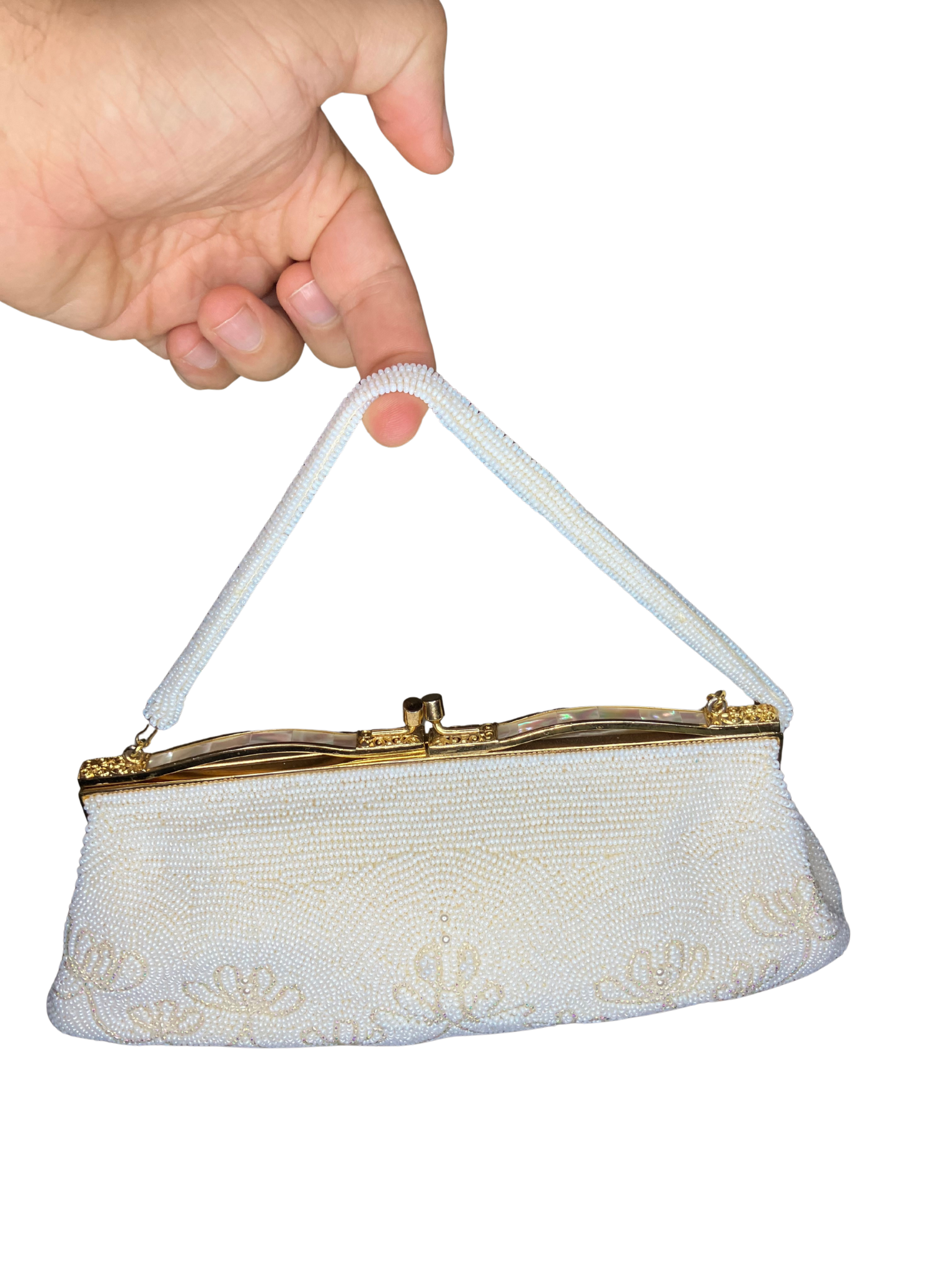 Vintage Beaded Clutch by Dena of Dallas – Ivory Pearl Purse Made in Japan