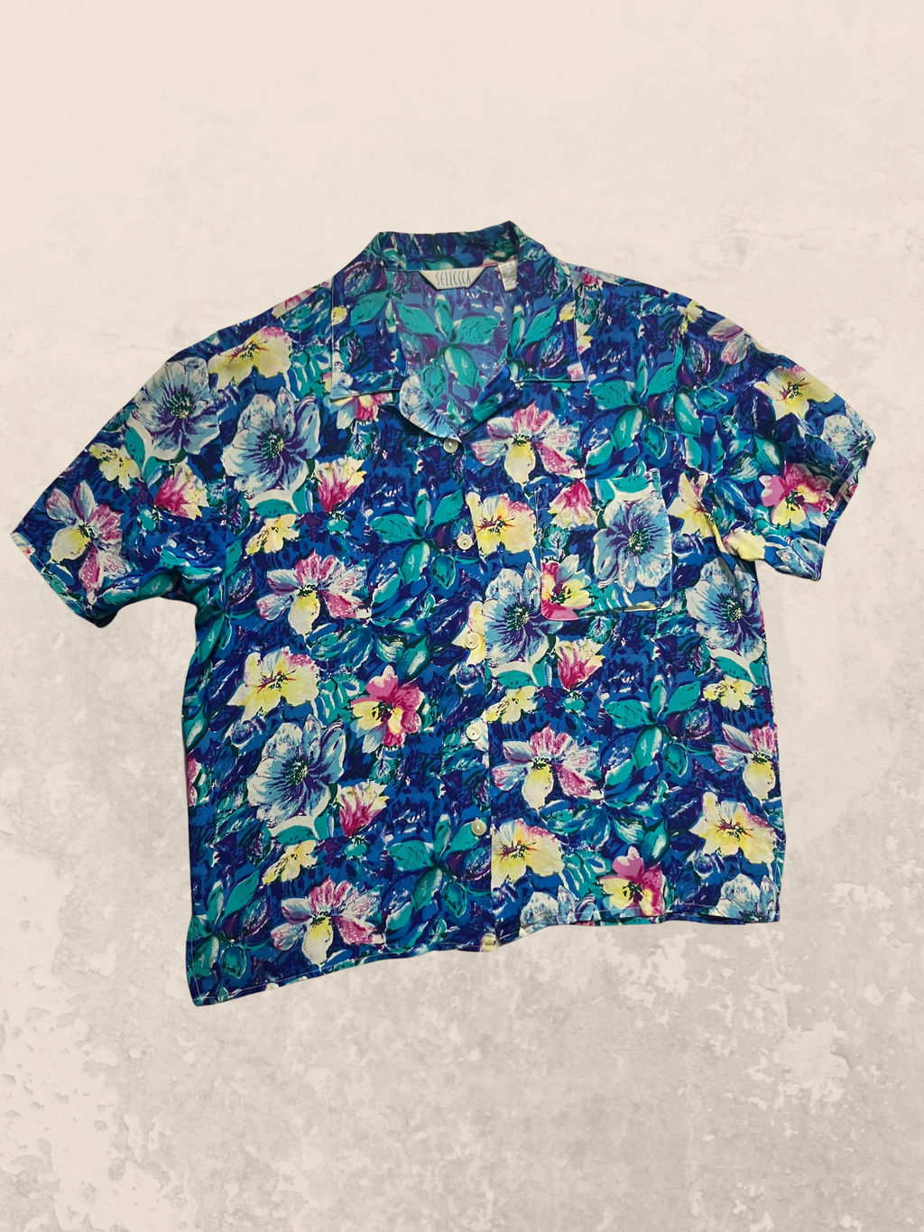 Sellecca — Silk Blouse | Cobalt watercolor floral, camp collar · Sz 14