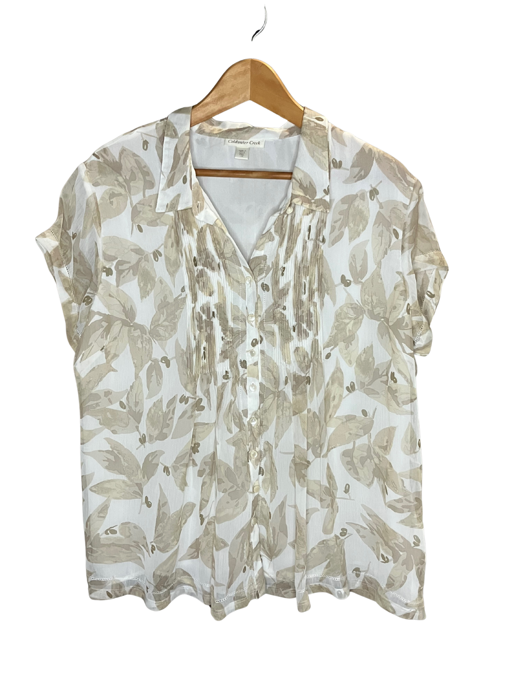 Coldwater Creek Petite Botanical Leaf Print Button-Front Blouse Size PXL