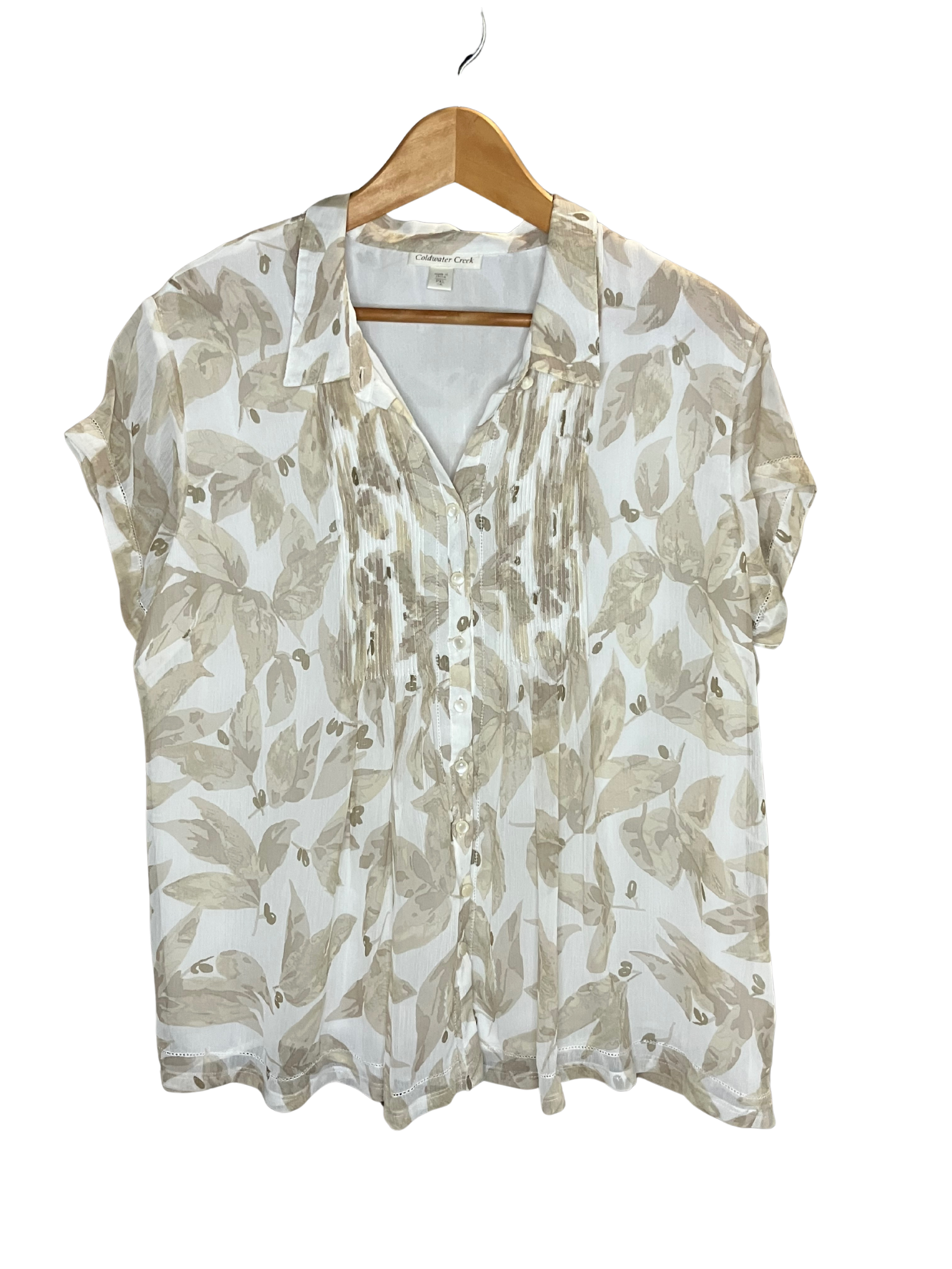 Coldwater Creek Petite Botanical Leaf Print Button-Front Blouse Size PXL