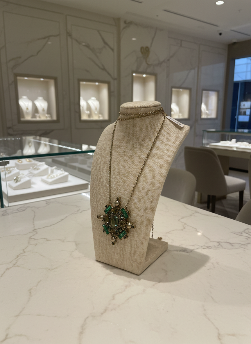 St. John Statement Necklace JWX1643NK Emerald Crystal Pearl Gold Pendant