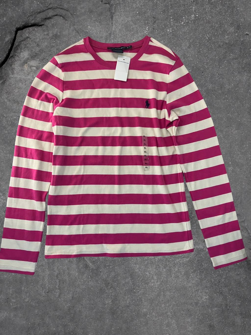 Ralph Lauren — Crew Neck T-Shirt | Pink and cream stripes, embroidered pony · Sz XL