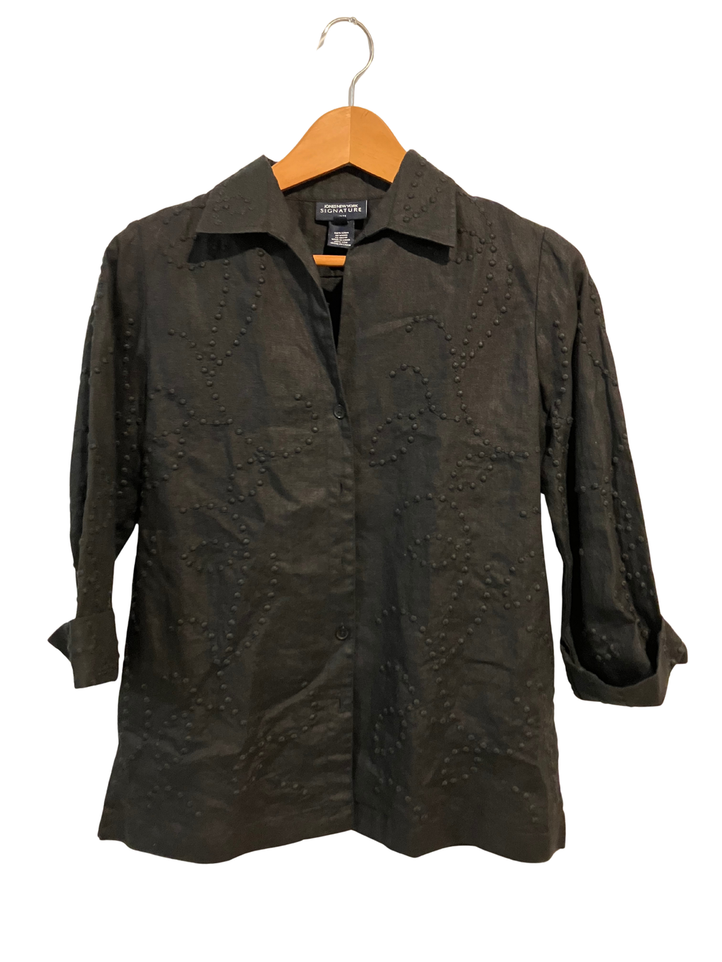 Jones New York Signature Black Linen Textured Shirt (Petite P/M)