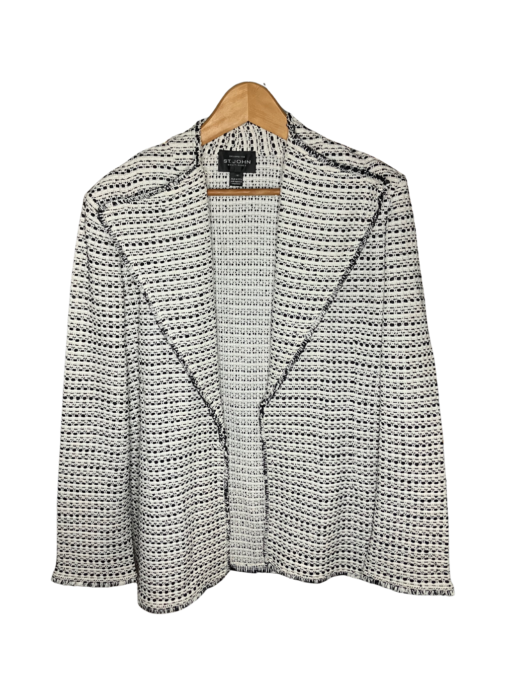 St. John Boutiques Ivory Black Boucle Knit Open-Front Jacket Size 14