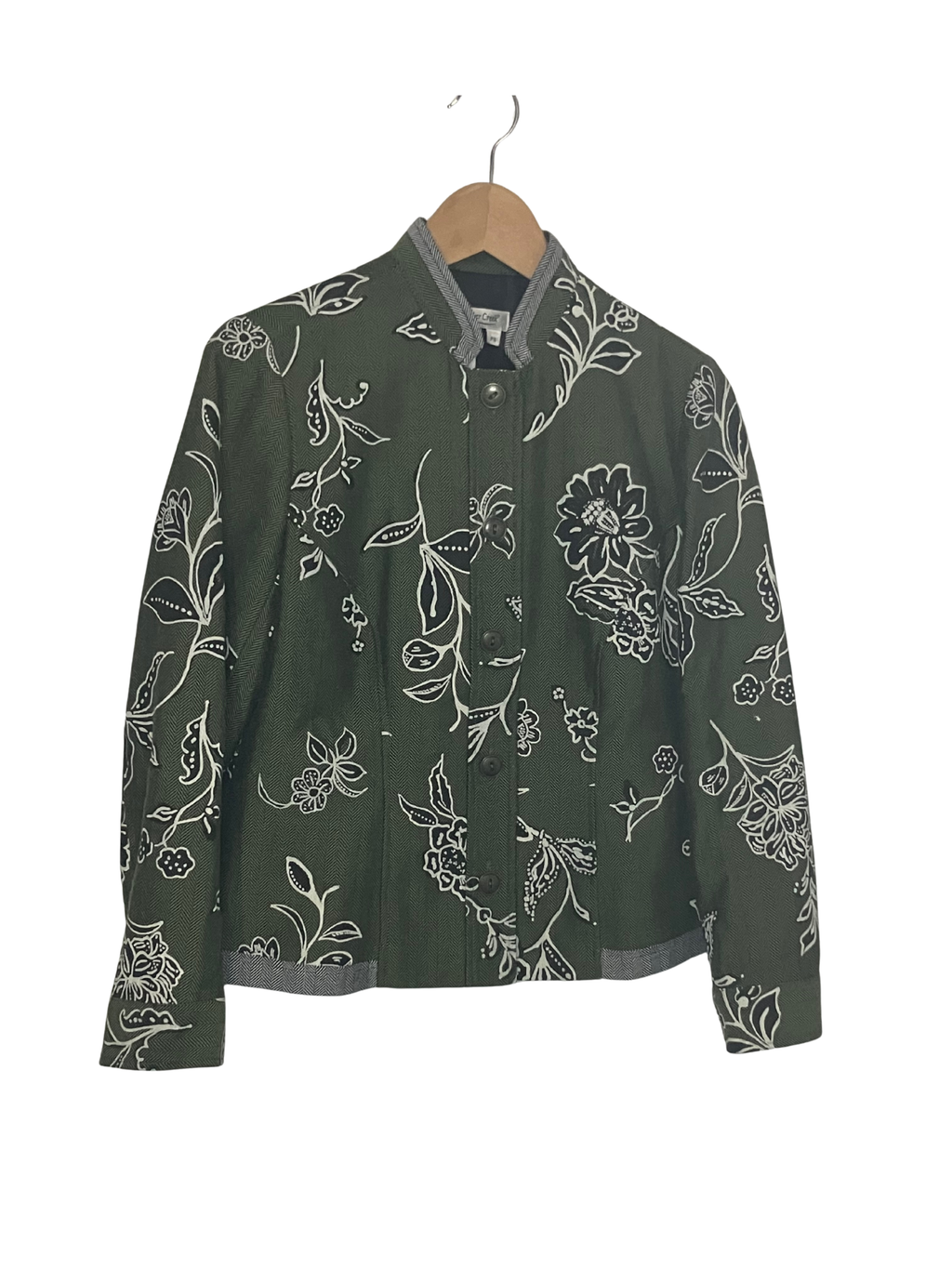 Coldwater CreekOlive Green Embroidered Floral Jacket – White Botanical Print Button-Up