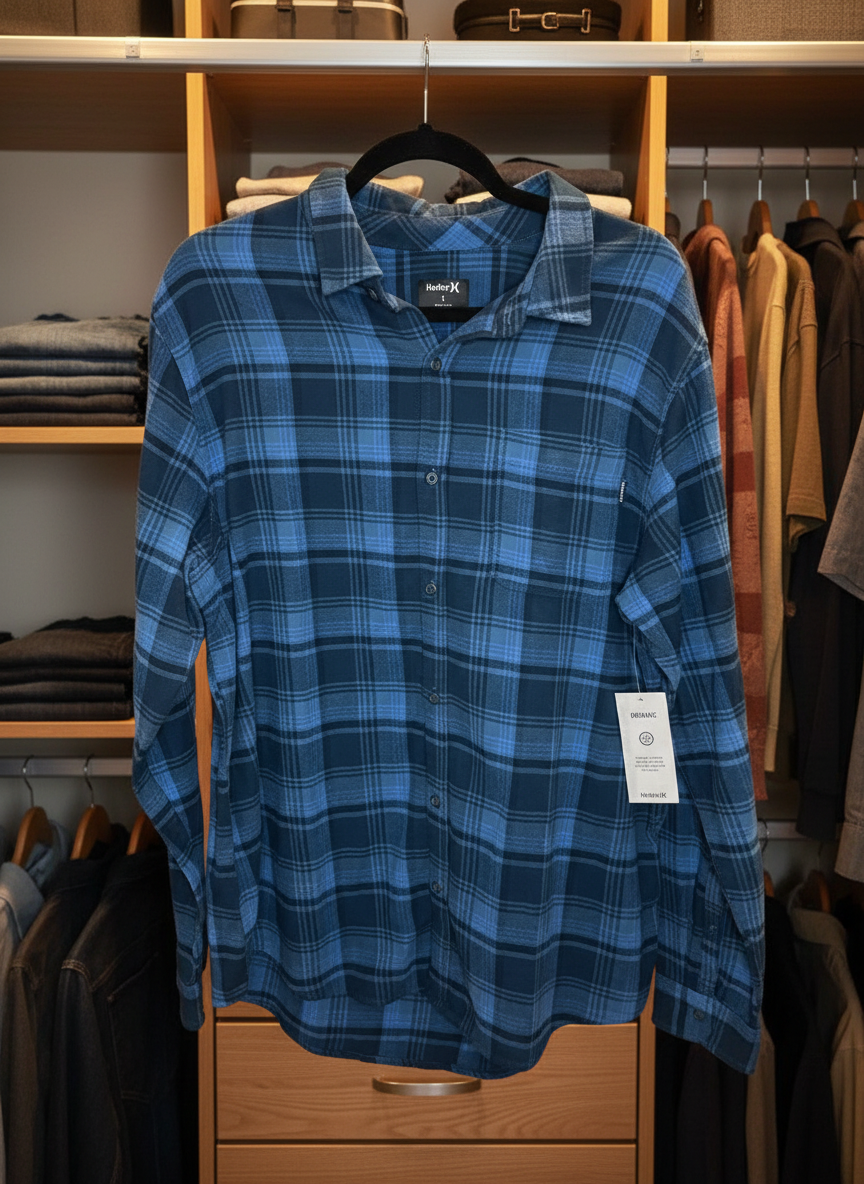 Hurley Men's Organic Cotton Flannel Shirt Blue Plaid Button Up L NWT