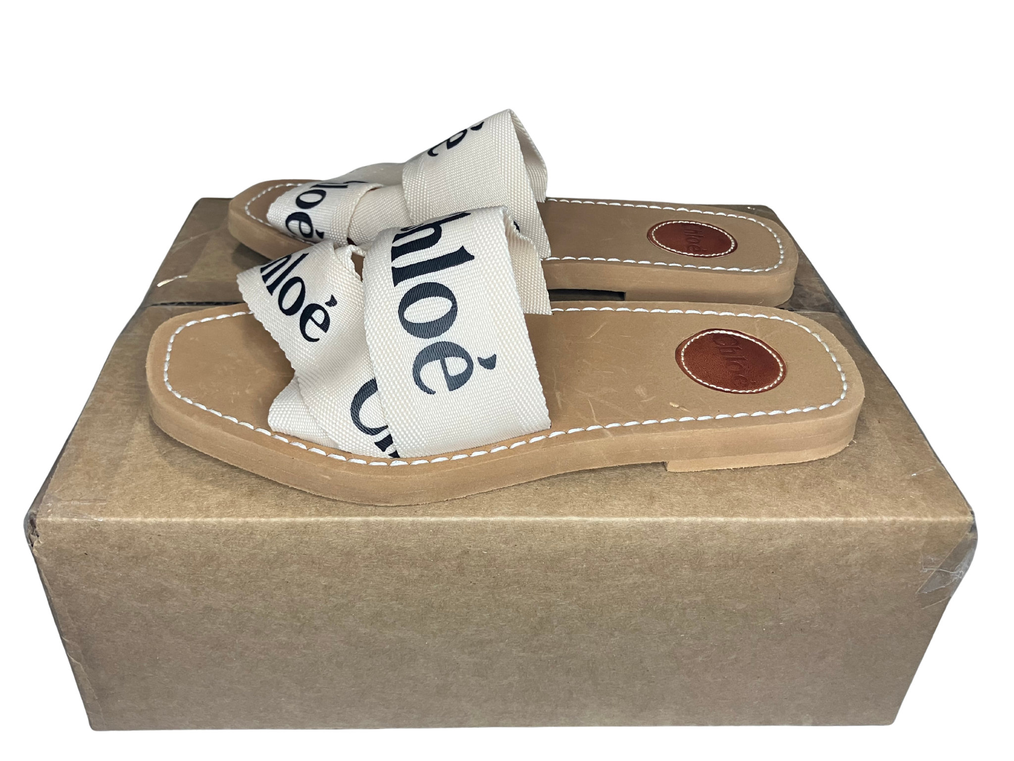 Chloé Woody Logo Ribbon Slides Sandals Beige/Tan Women’s 39 (US 9)